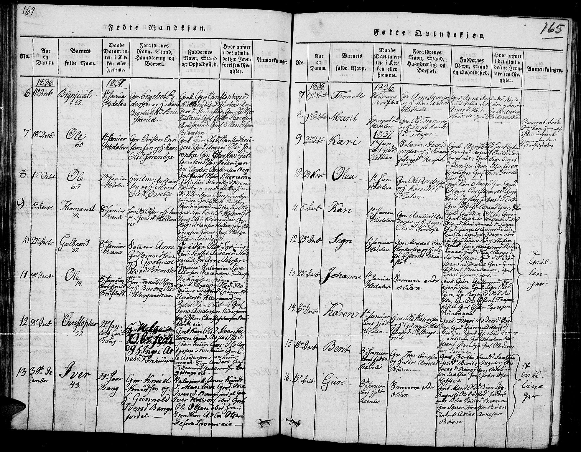 Sør-Aurdal prestekontor, SAH/PREST-128/H/Ha/Hab/L0002: Parish register (copy) no. 2, 1826-1840, p. 164-165