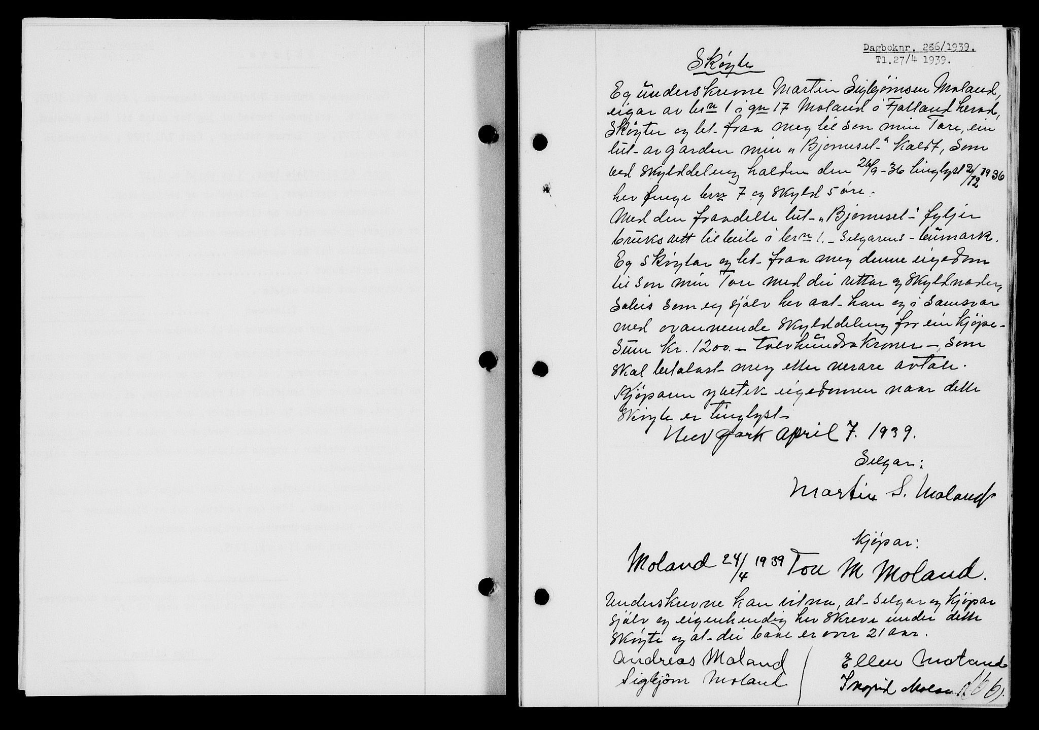 Flekkefjord sorenskriveri, AV/SAK-1221-0001/G/Gb/Gba/L0055: Mortgage book no. A-3, 1939-1939, Diary no: : 286/1939