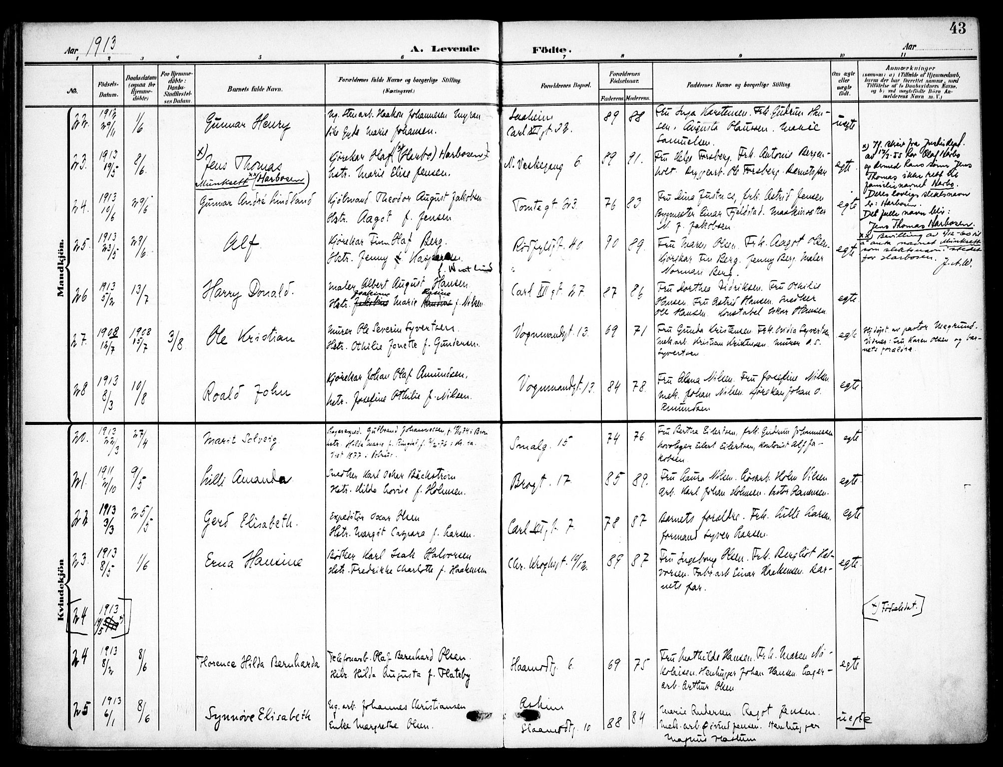 Vaterland prestekontor Kirkebøker, AV/SAO-A-10880/F/Fa/L0001: Parish register (official) no. 1, 1907-1930, p. 43