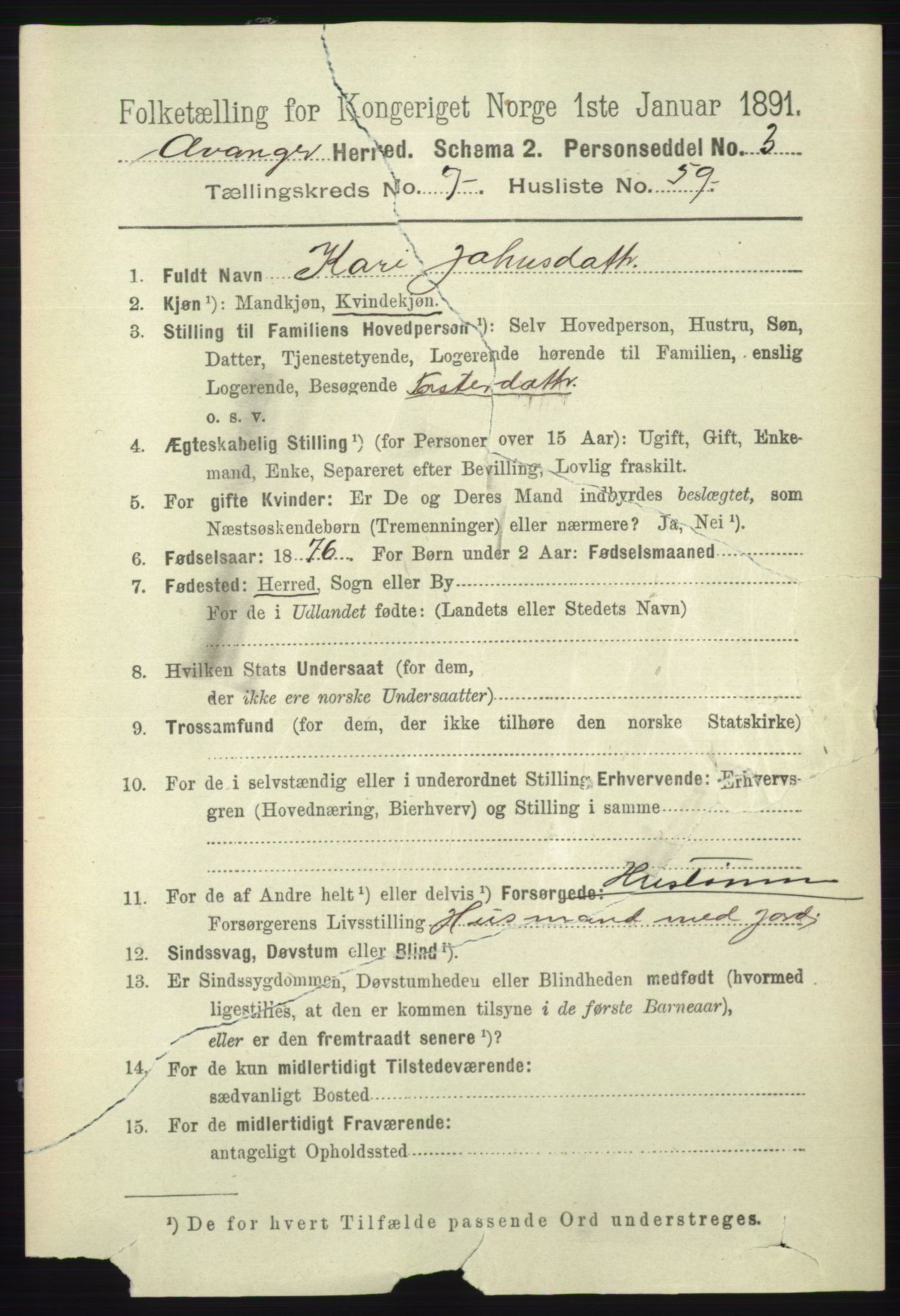 RA, 1891 census for 1237 Evanger, 1891, p. 2244