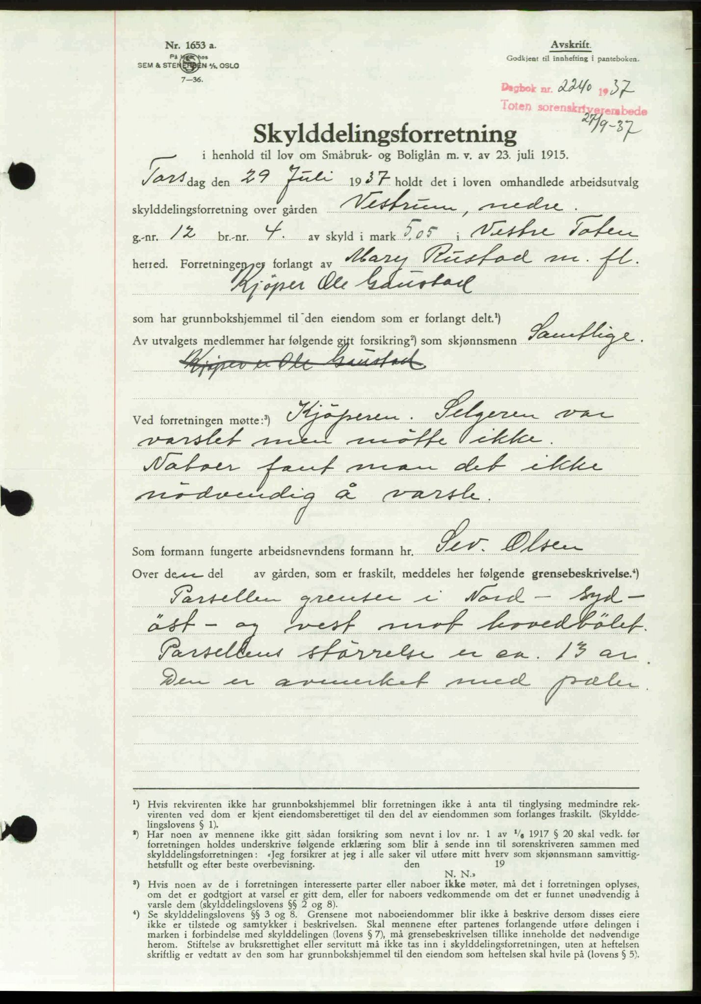 Toten tingrett, SAH/TING-006/H/Hb/Hbc/L0003: Mortgage book no. Hbc-03, 1937-1938, Diary no: : 2240/1937