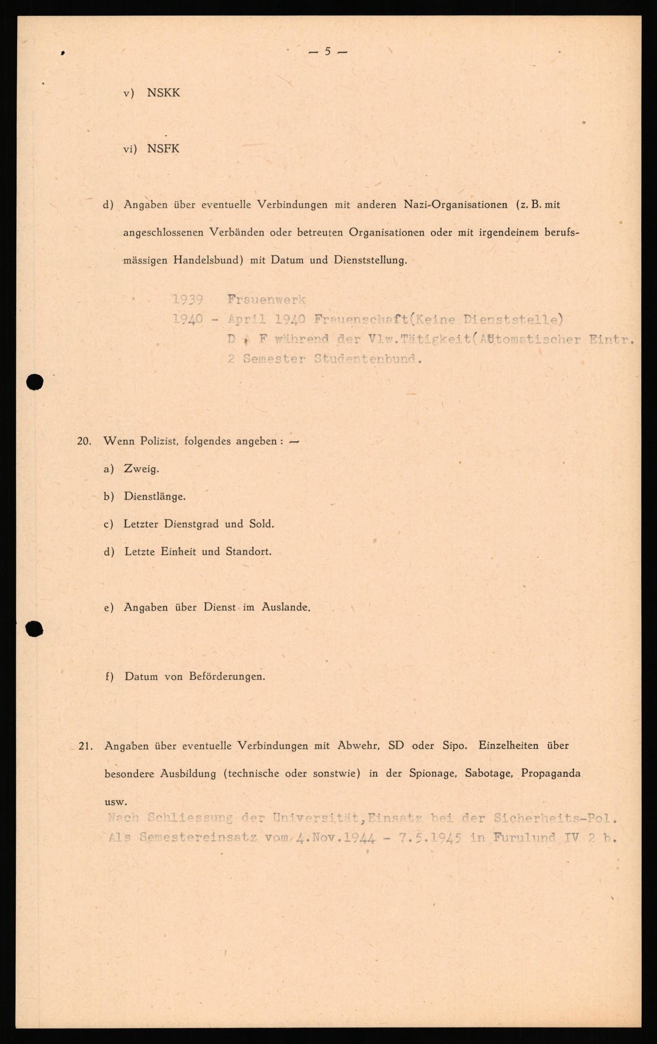 Forsvaret, Forsvarets overkommando II, RA/RAFA-3915/D/Db/L0031: CI Questionaires. Tyske okkupasjonsstyrker i Norge. Tyskere., 1945-1946, p. 266