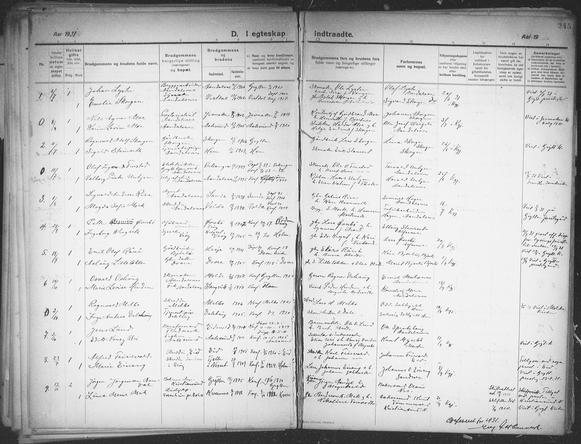 Ministerialprotokoller, klokkerbøker og fødselsregistre - Møre og Romsdal, AV/SAT-A-1454/544/L0581: Parish register (copy) no. 544C03, 1910-1937, p. 245