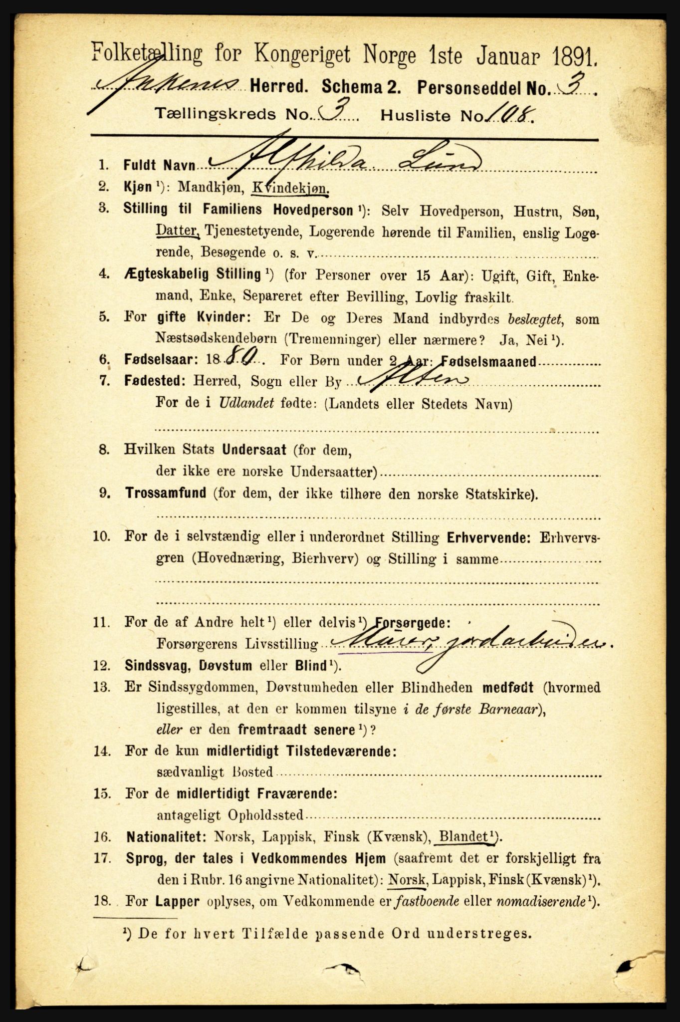 RA, 1891 census for 1855 Ankenes, 1891, p. 2204