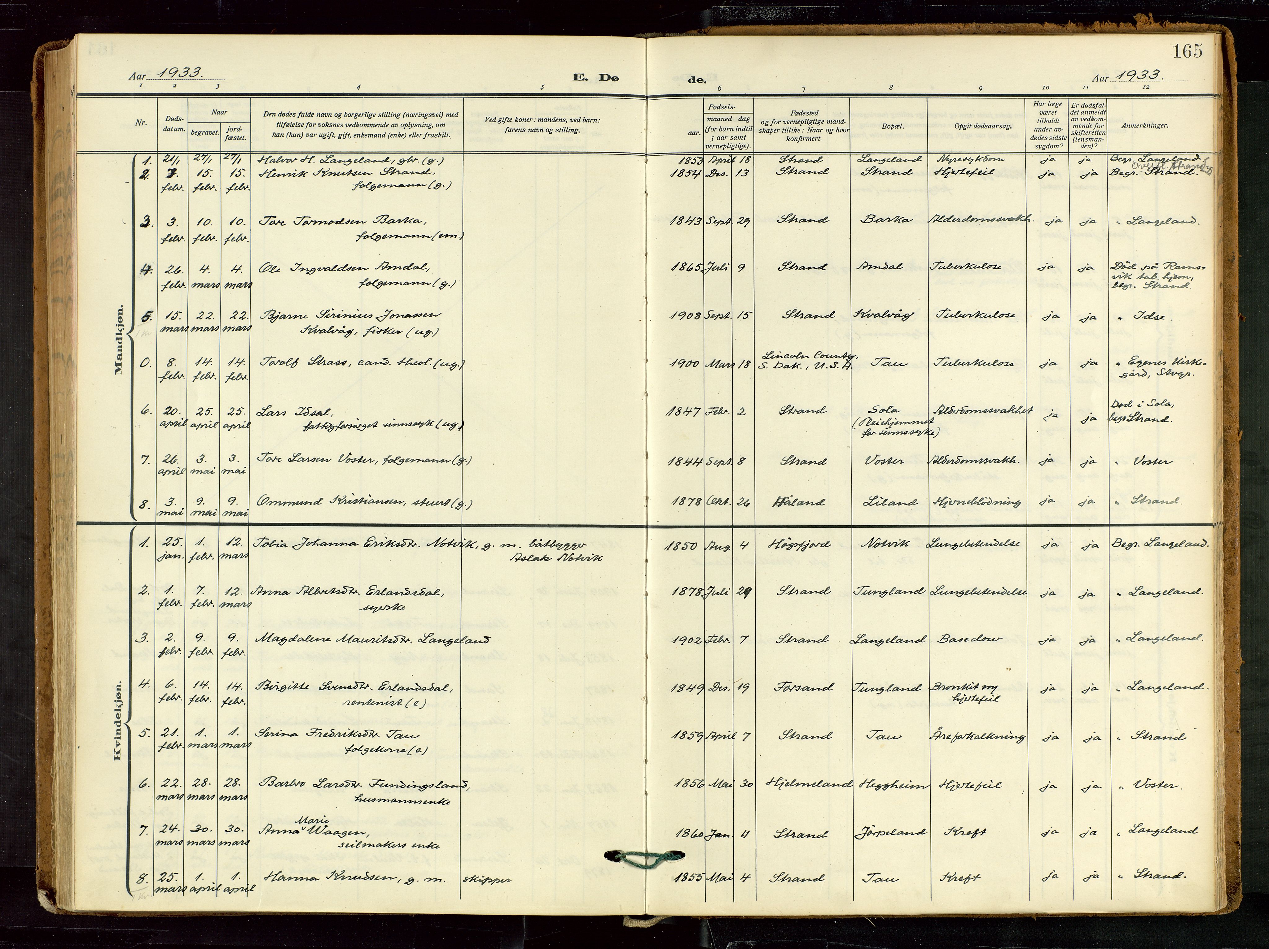 Strand sokneprestkontor, SAST/A-101828/H/Ha/Haa/L0012: Parish register (official) no. A 12, 1927-1946, p. 165