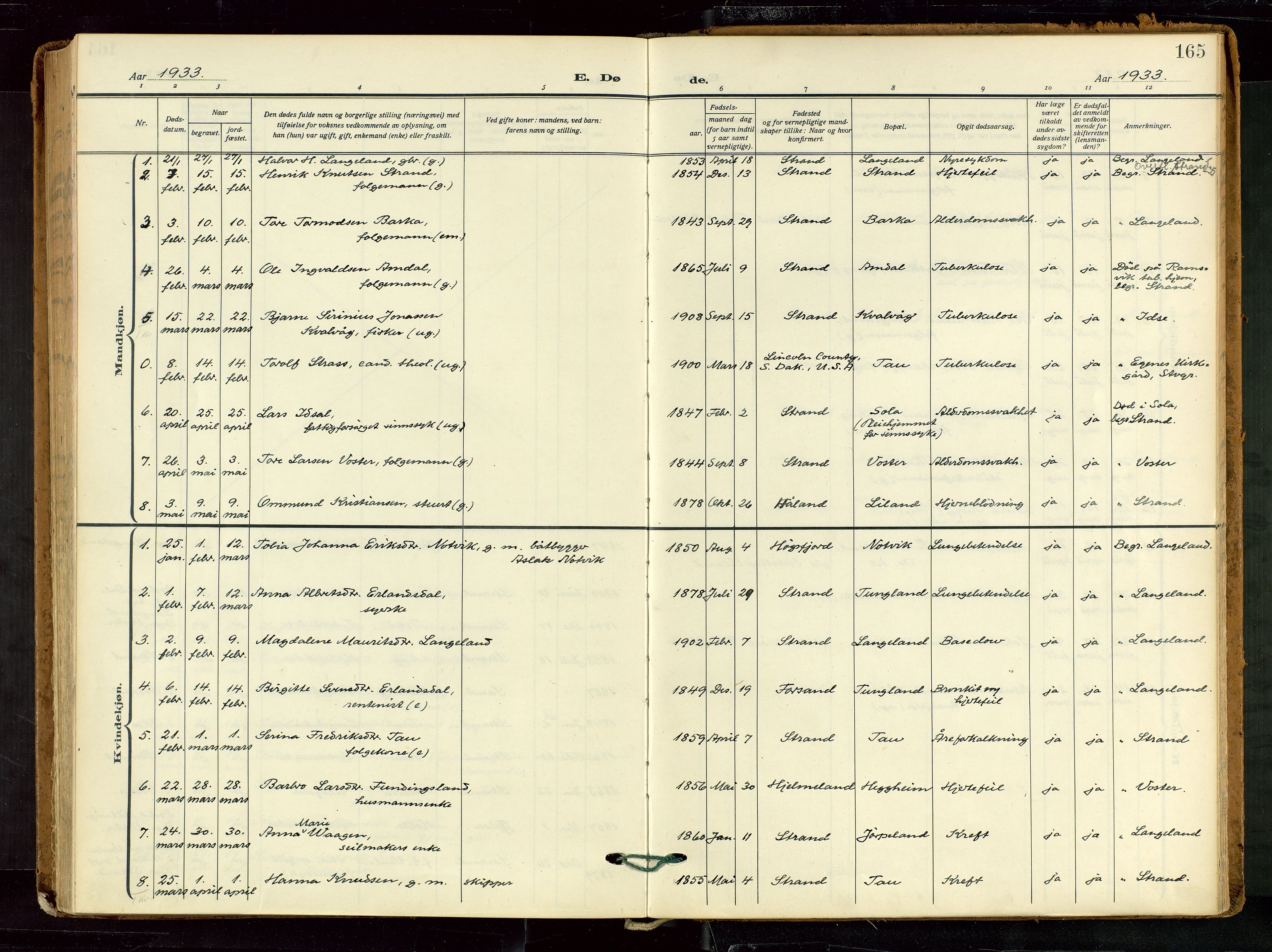 Strand sokneprestkontor, AV/SAST-A-101828/H/Ha/Haa/L0012: Parish register (official) no. A 12, 1927-1946, p. 165