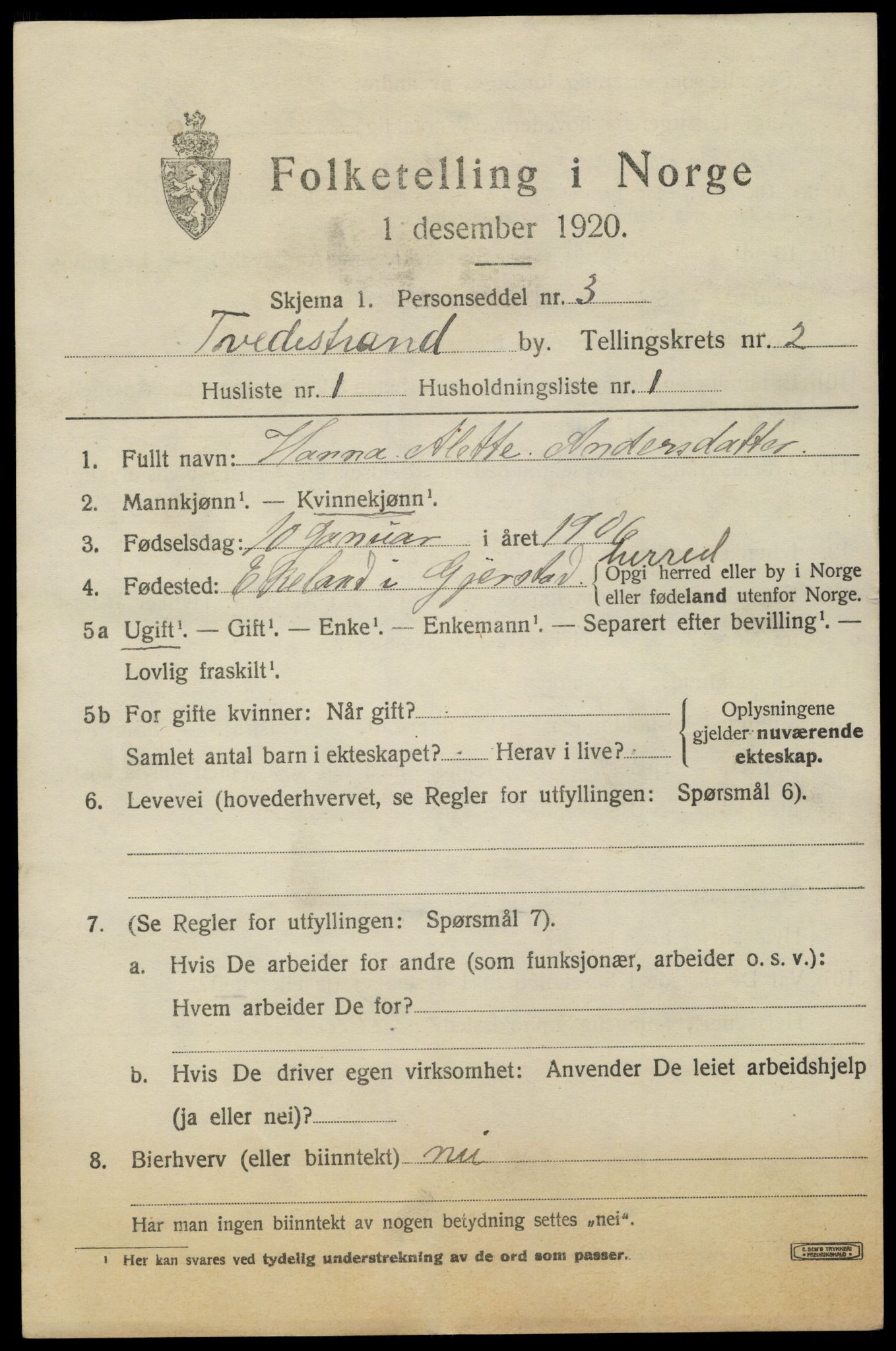 SAK, 1920 census for Tvedestrand, 1920, p. 2517