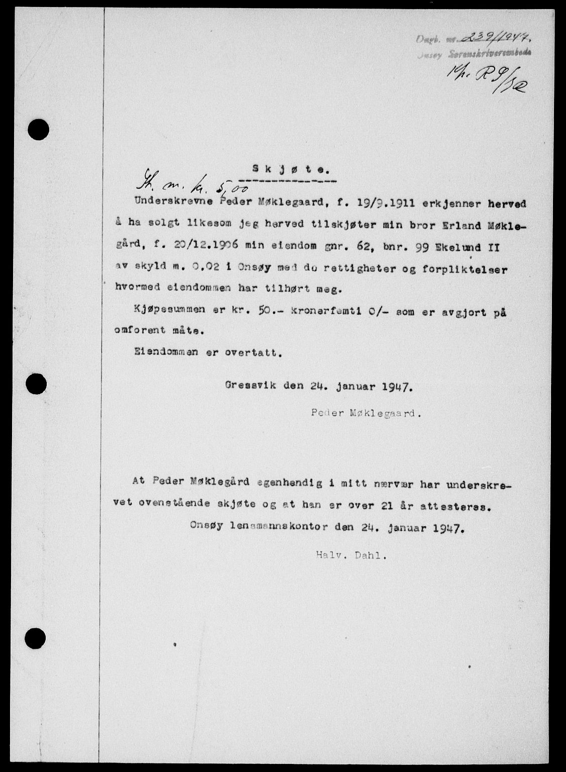 Onsøy sorenskriveri, SAO/A-10474/G/Ga/Gab/L0018: Mortgage book no. II A-18, 1946-1947, Diary no: : 239/1947