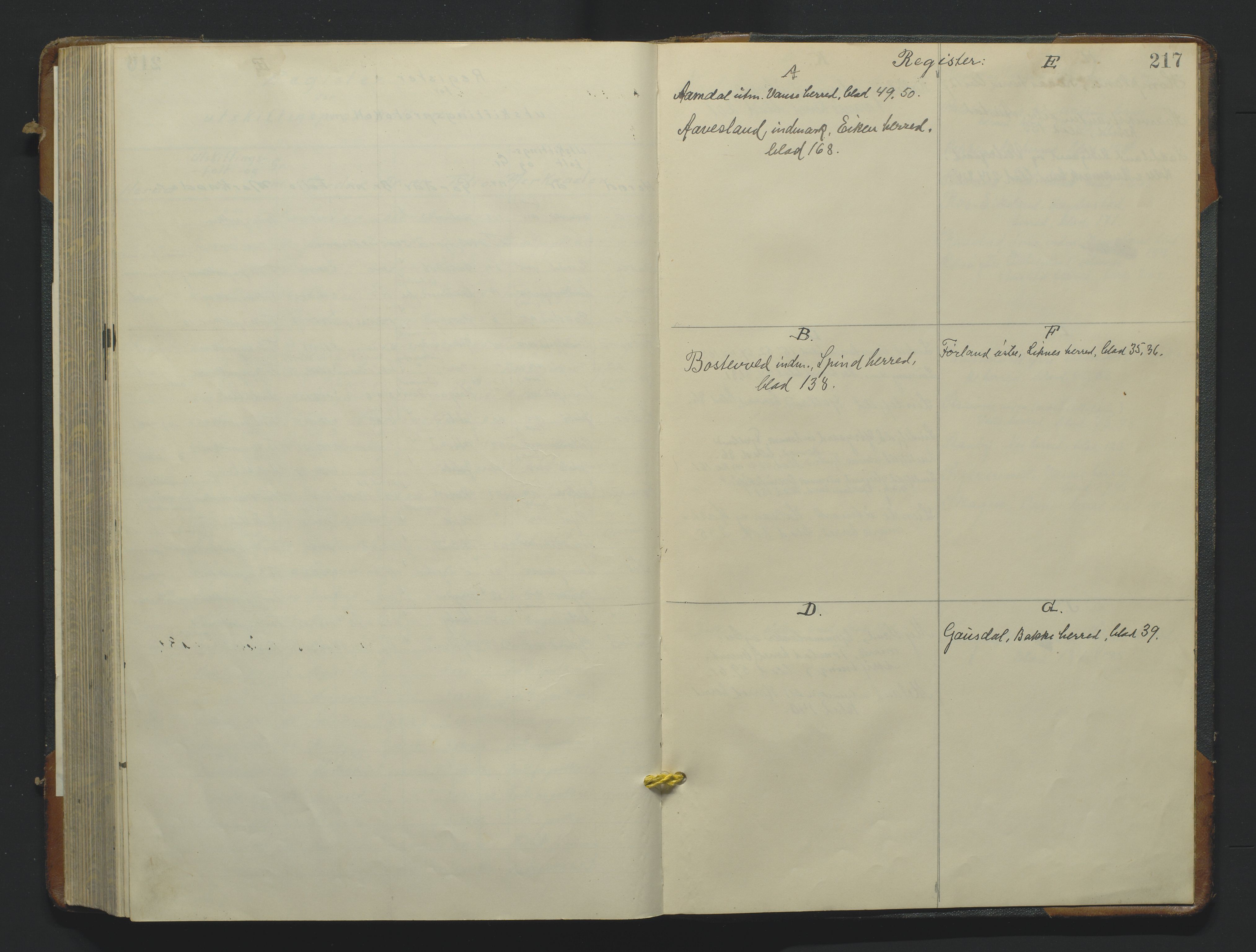 Utskiftningsformannen i Lister og Mandal amt, SAK/1541-0003/F/Fa/Faa/L0053: Utskiftningsprotokoll med register nr B-8, 1914-1919, p. 216b-217a
