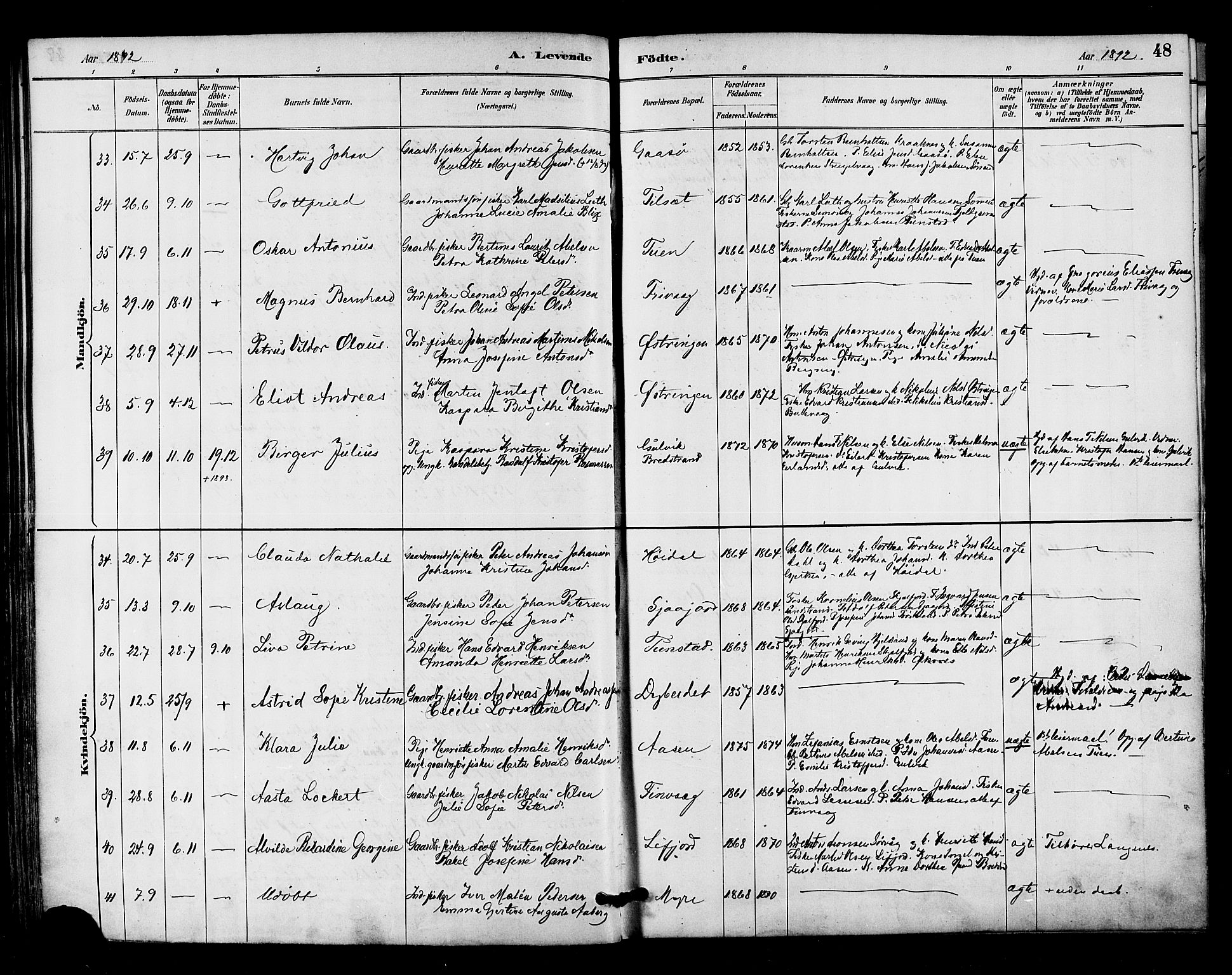 Ministerialprotokoller, klokkerbøker og fødselsregistre - Nordland, AV/SAT-A-1459/893/L1337: Parish register (official) no. 893A09, 1885-1893, p. 48