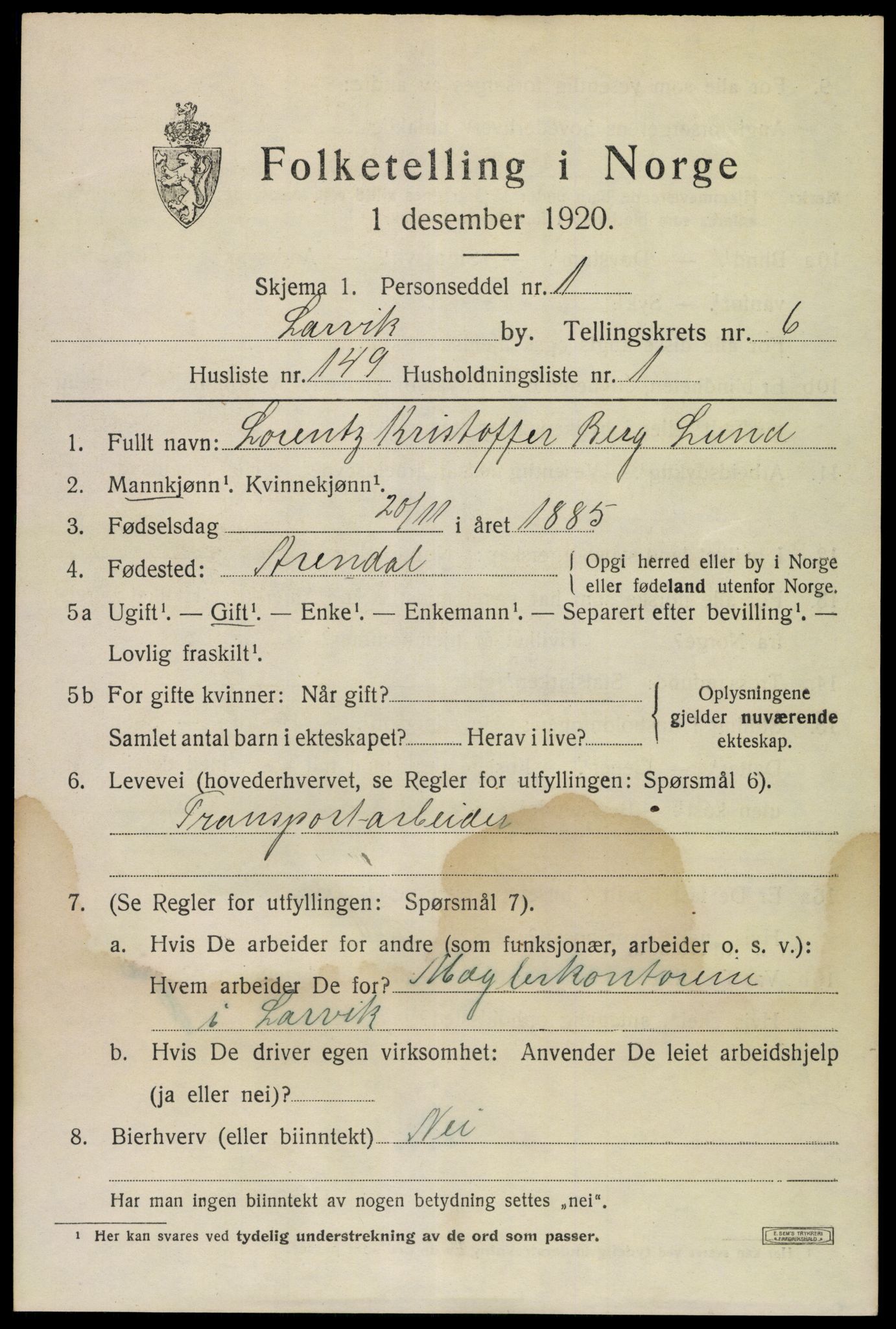 SAKO, 1920 census for Larvik, 1920, p. 20372