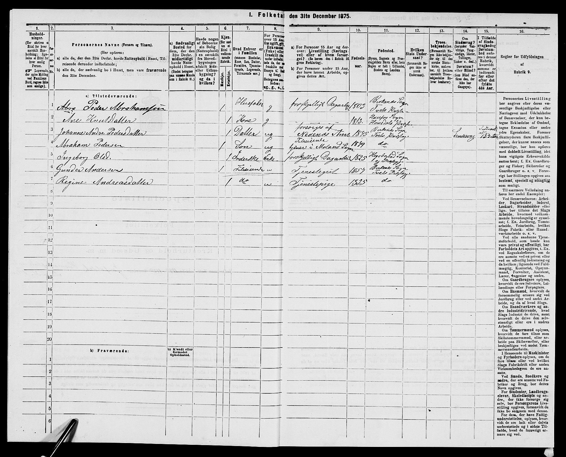 SAK, 1875 census for 1013P Tveit, 1875, p. 1113