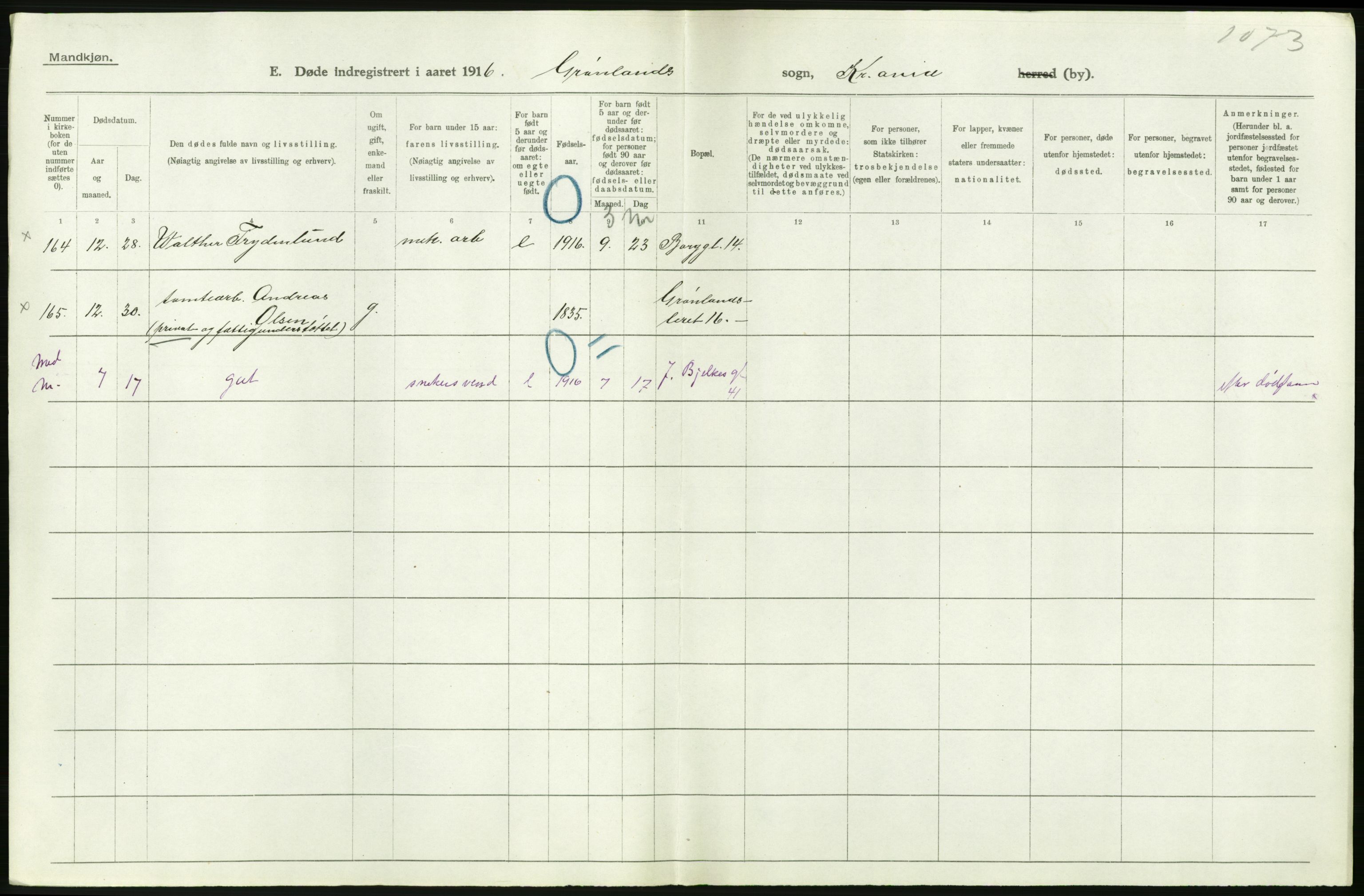 Statistisk sentralbyrå, Sosiodemografiske emner, Befolkning, AV/RA-S-2228/D/Df/Dfb/Dfbf/L0009: Kristiania: Døde., 1916, p. 300