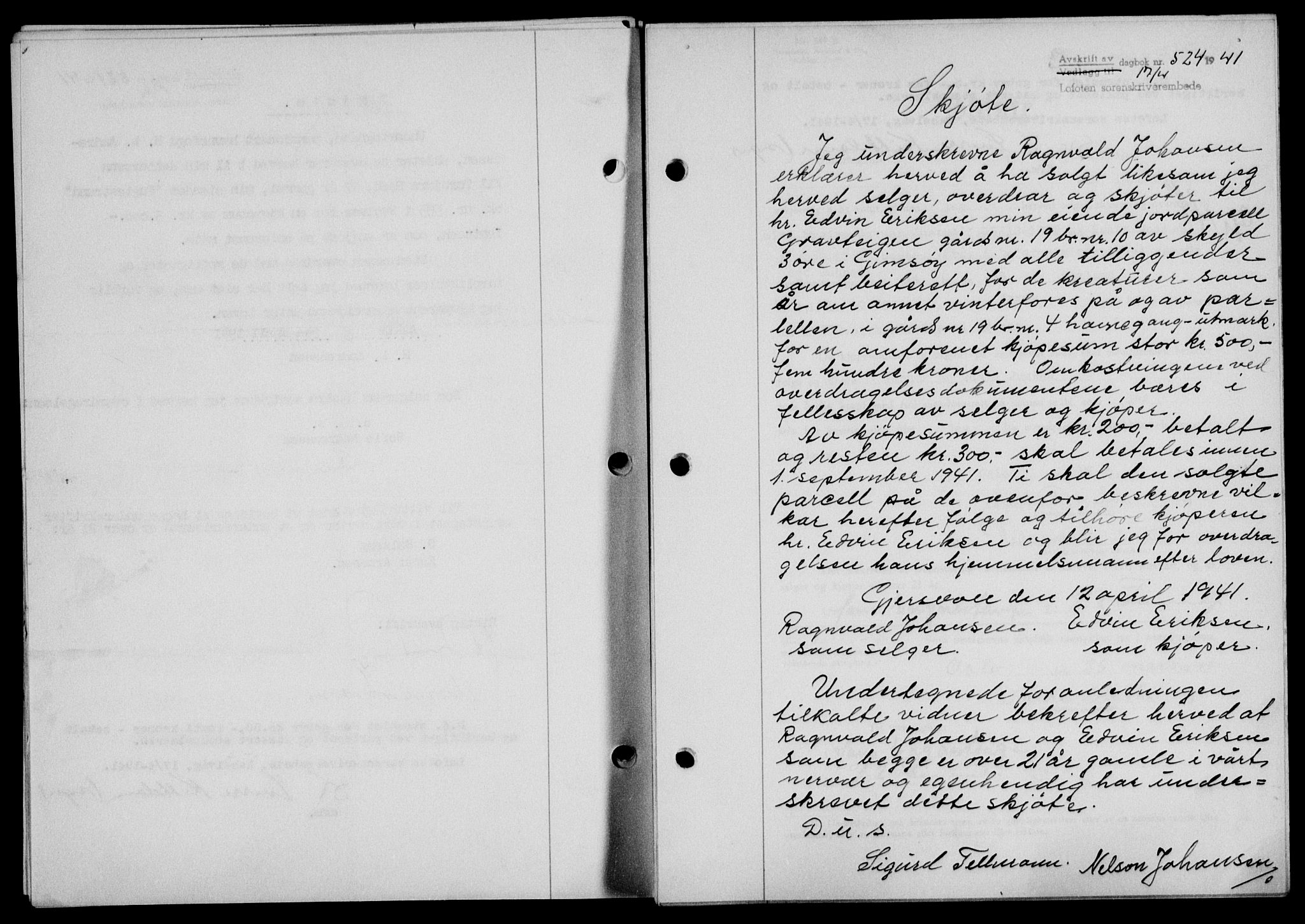 Lofoten sorenskriveri, SAT/A-0017/1/2/2C/L0008a: Mortgage book no. 8a, 1940-1941, Diary no: : 524/1941