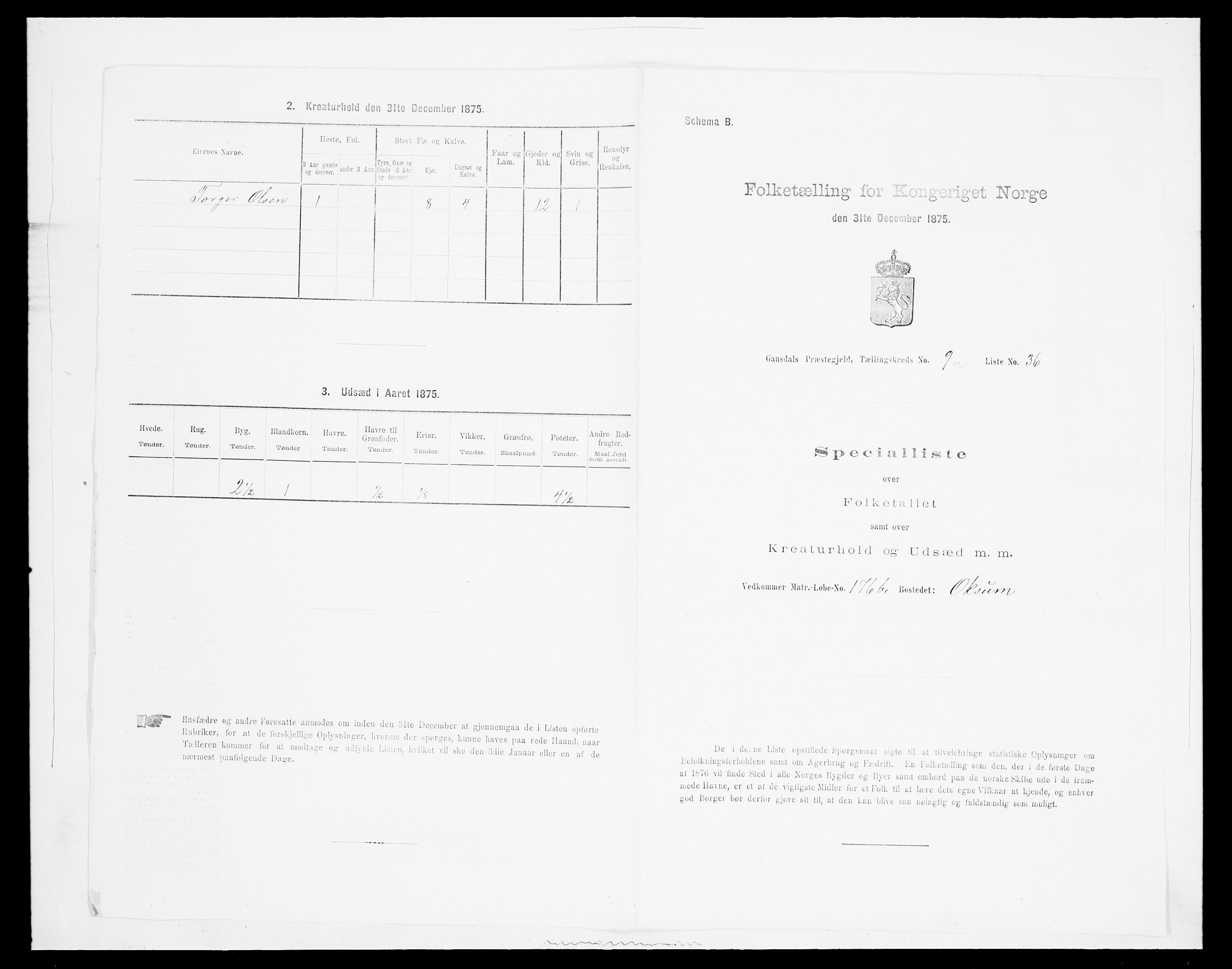 SAH, 1875 census for 0522P Gausdal, 1875, p. 1589