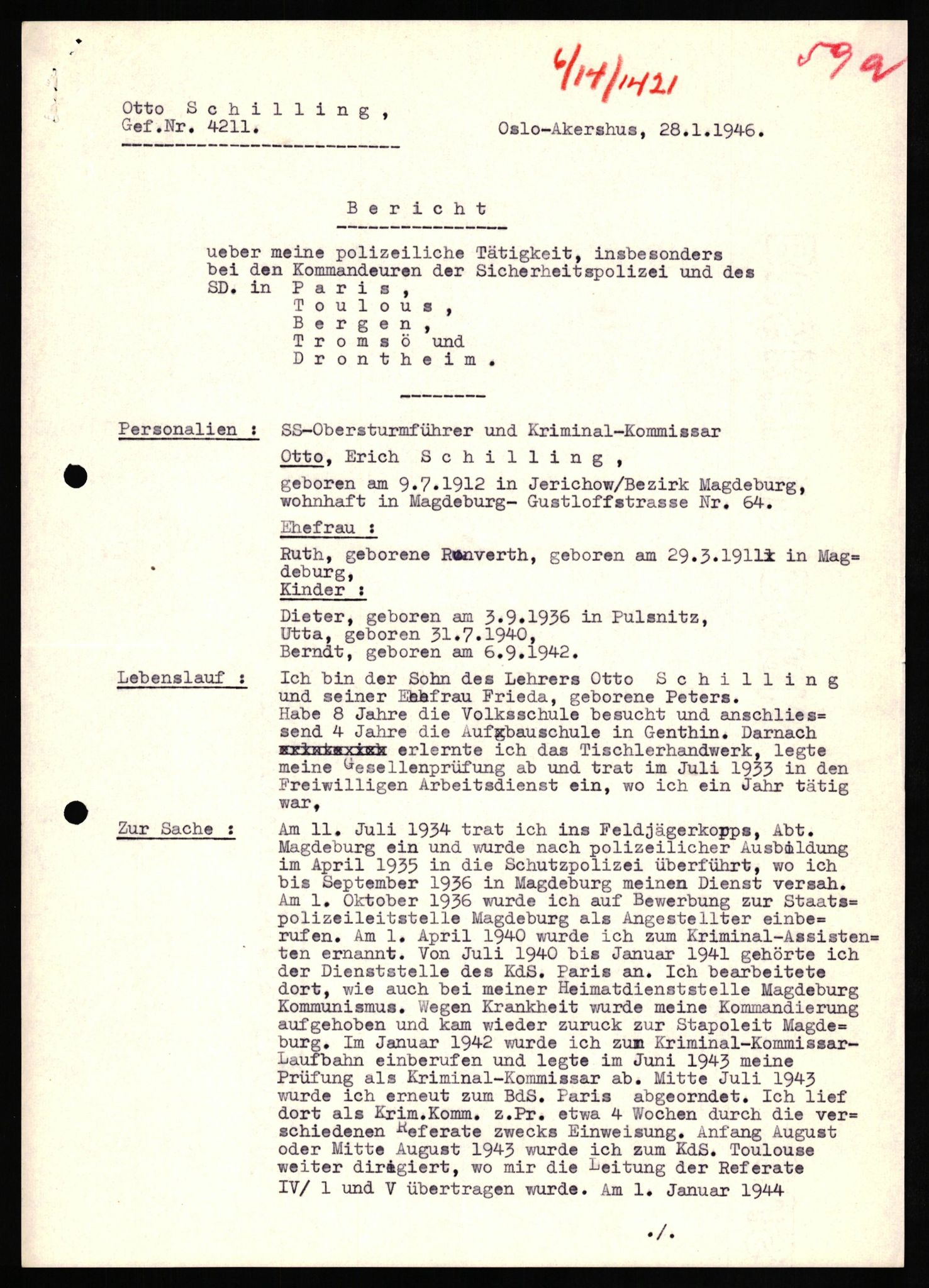 Forsvaret, Forsvarets overkommando II, RA/RAFA-3915/D/Db/L0029: CI Questionaires. Tyske okkupasjonsstyrker i Norge. Tyskere., 1945-1946, p. 186