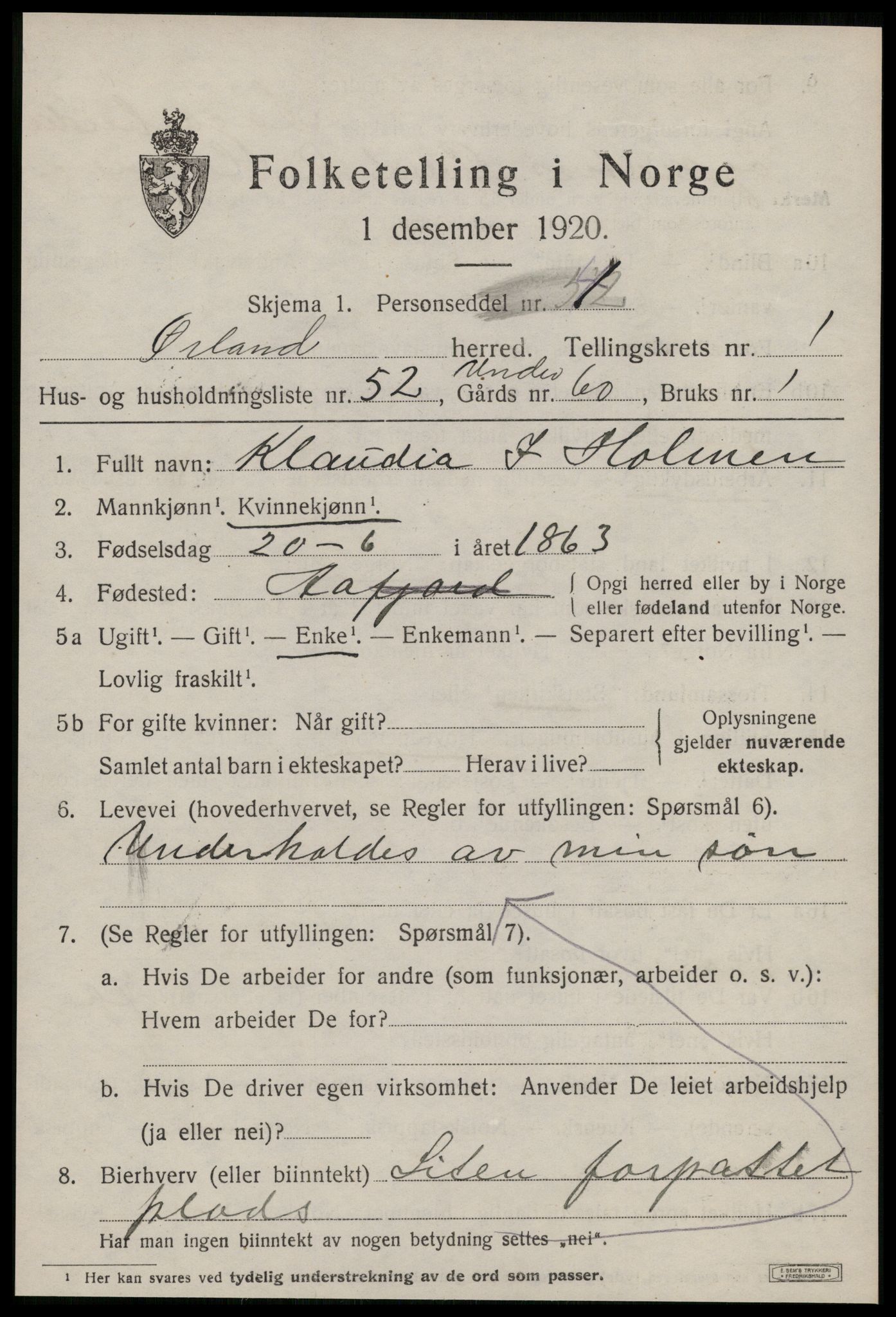 SAT, 1920 census for Ørland, 1920, p. 1975