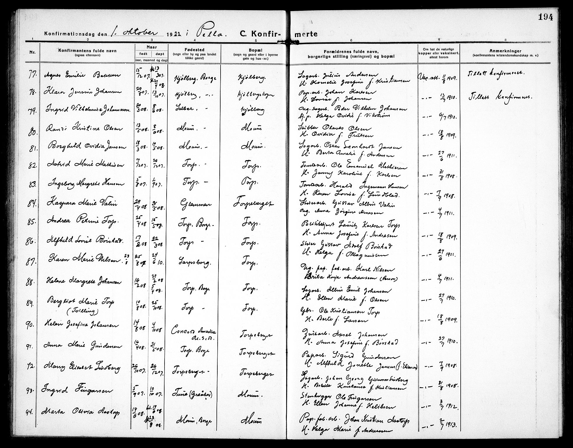 Borge prestekontor Kirkebøker, SAO/A-10903/G/Ga/L0003: Parish register (copy) no. I 3, 1918-1939, p. 194