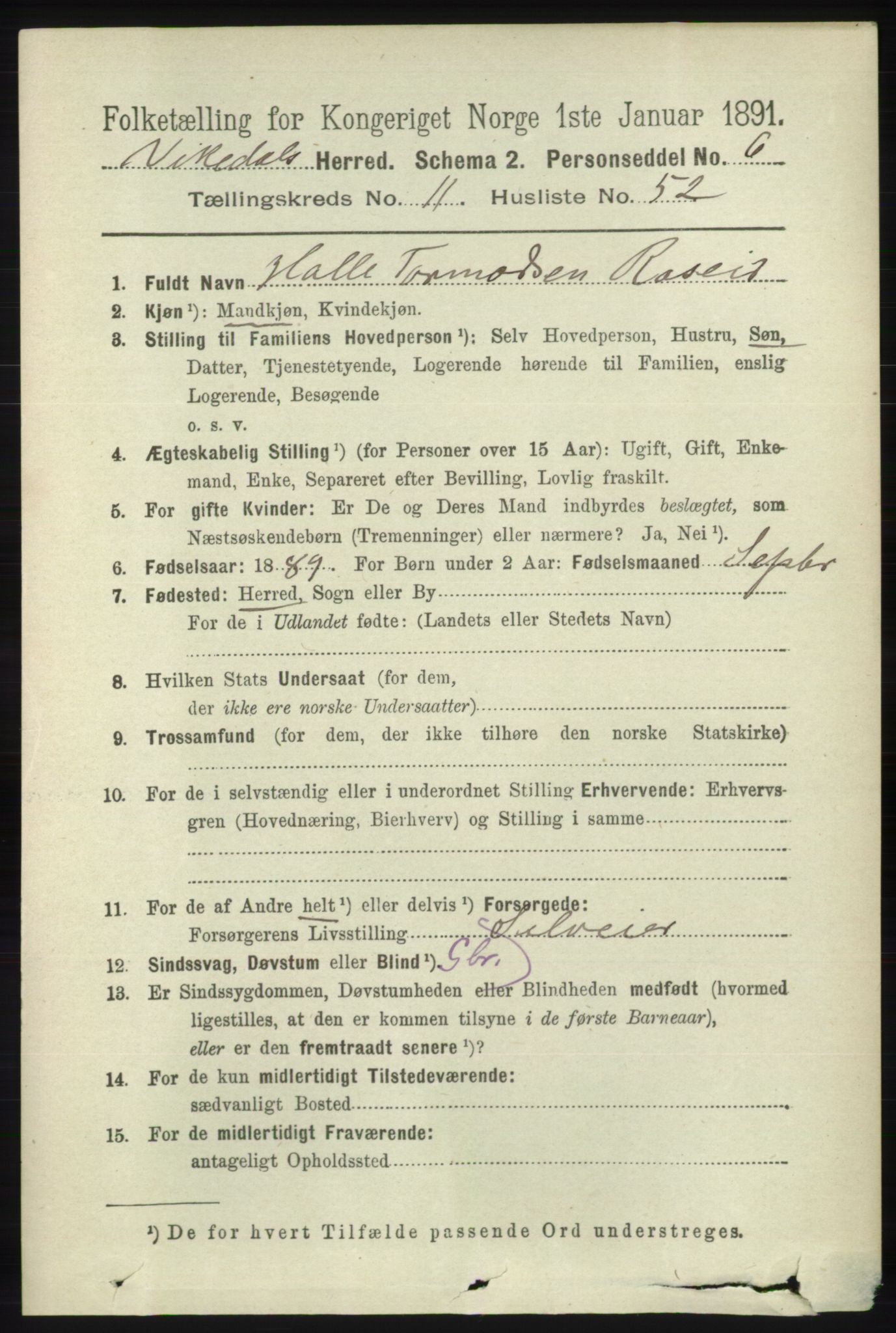 RA, 1891 census for 1157 Vikedal, 1891, p. 3145