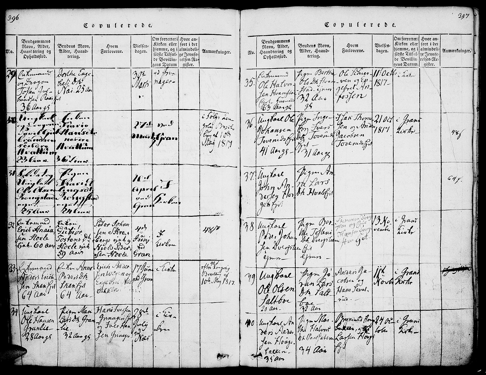 Gran prestekontor, AV/SAH-PREST-112/H/Ha/Haa/L0009: Parish register (official) no. 9, 1815-1824, p. 396-397