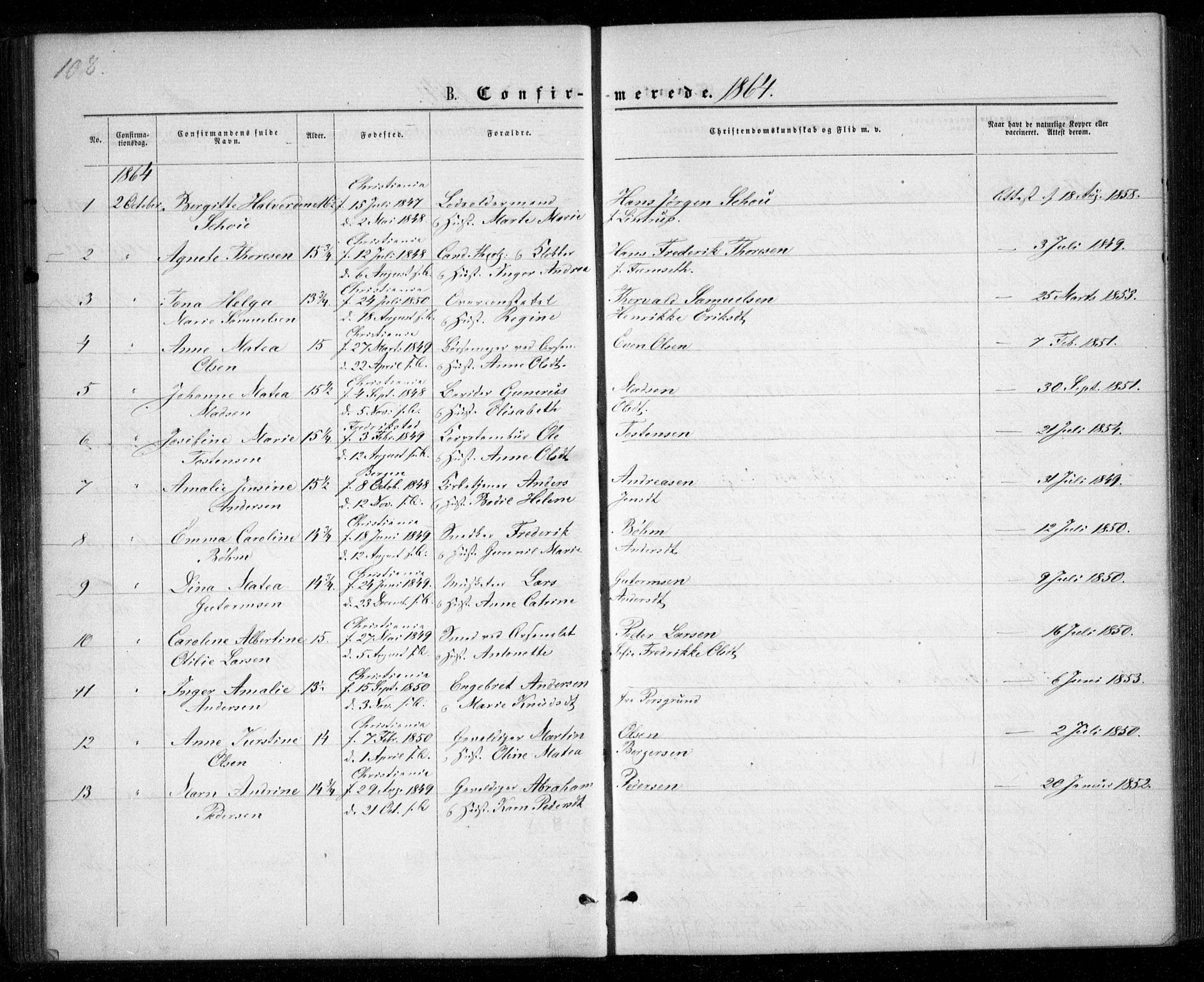 Garnisonsmenigheten Kirkebøker, SAO/A-10846/G/Ga/L0006: Parish register (copy) no. 6, 1860-1880, p. 108