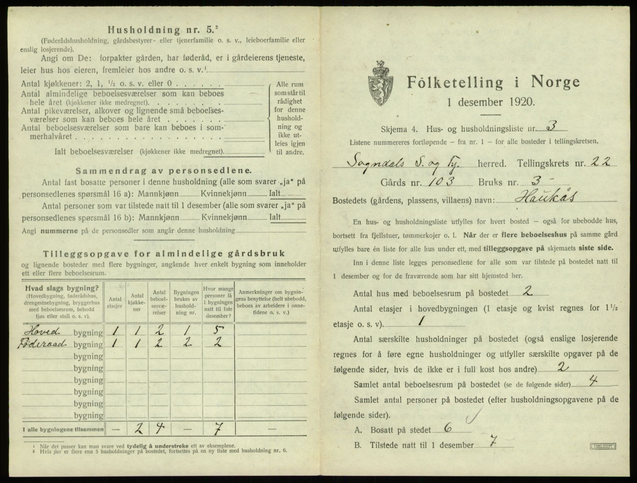 SAB, 1920 census for Sogndal, 1920, p. 1186