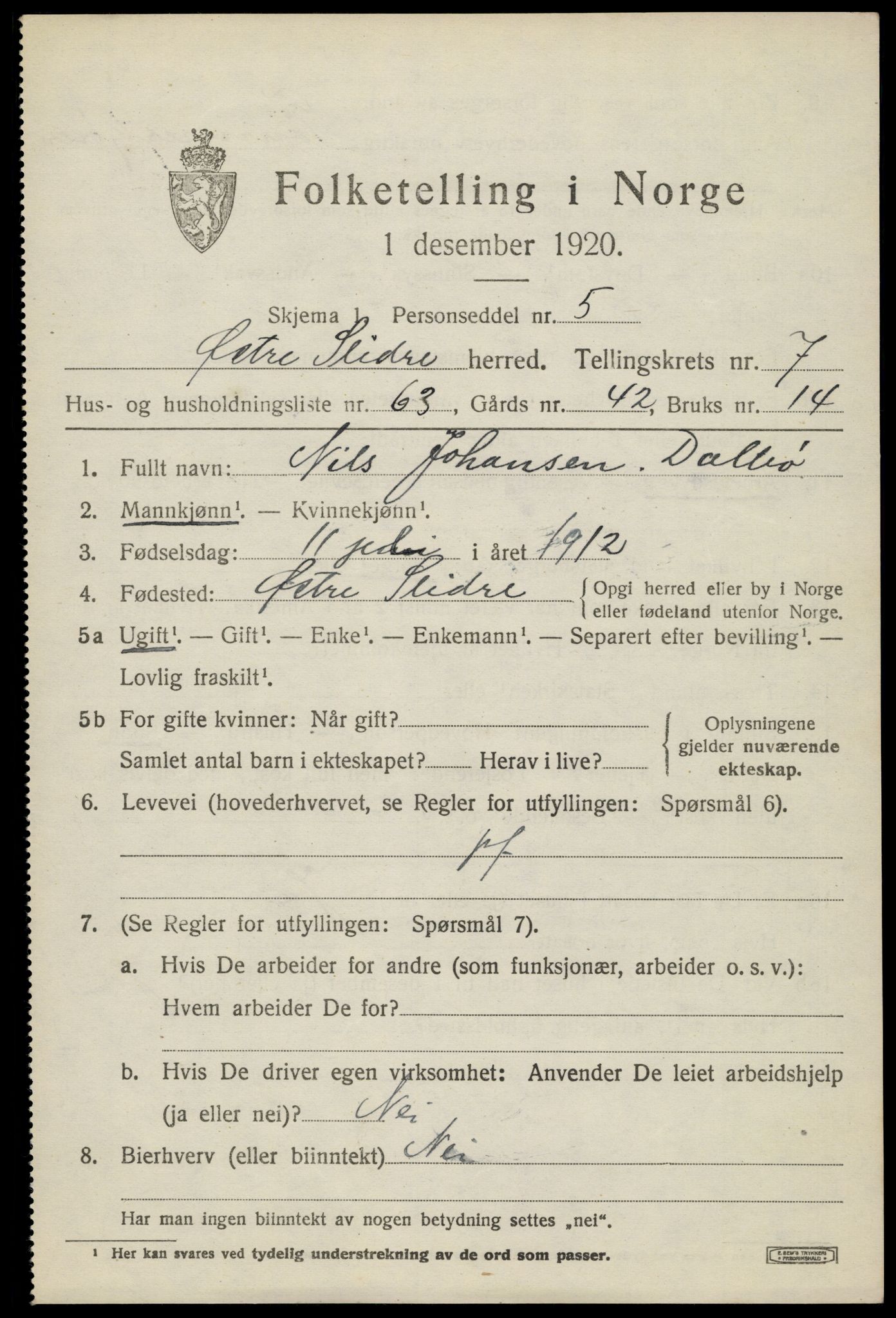 SAH, 1920 census for Øystre Slidre, 1920, p. 4755