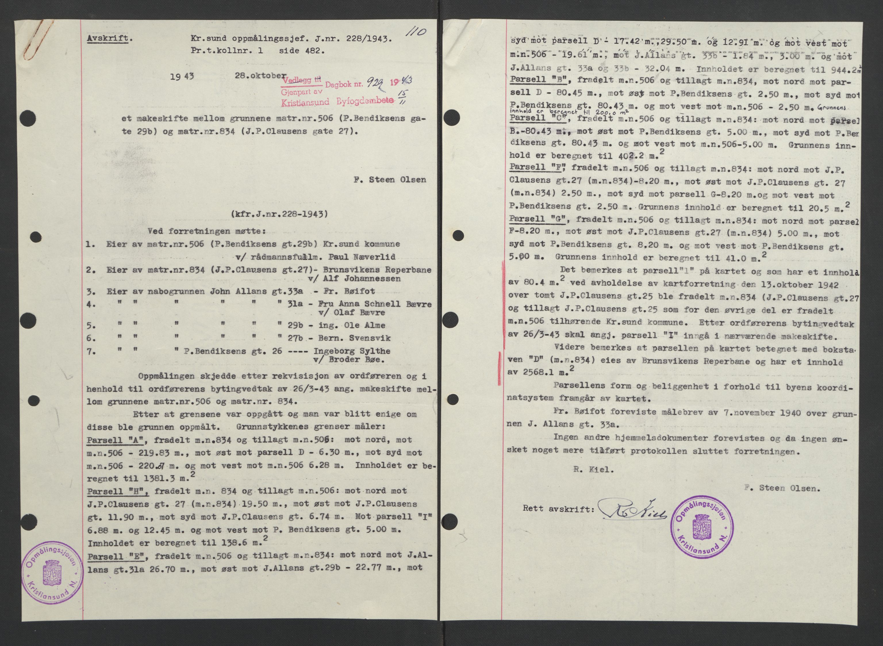 Kristiansund byfogd, AV/SAT-A-4587/A/27: Mortgage book no. 37, 1942-1945, Diary no: : 929/1943