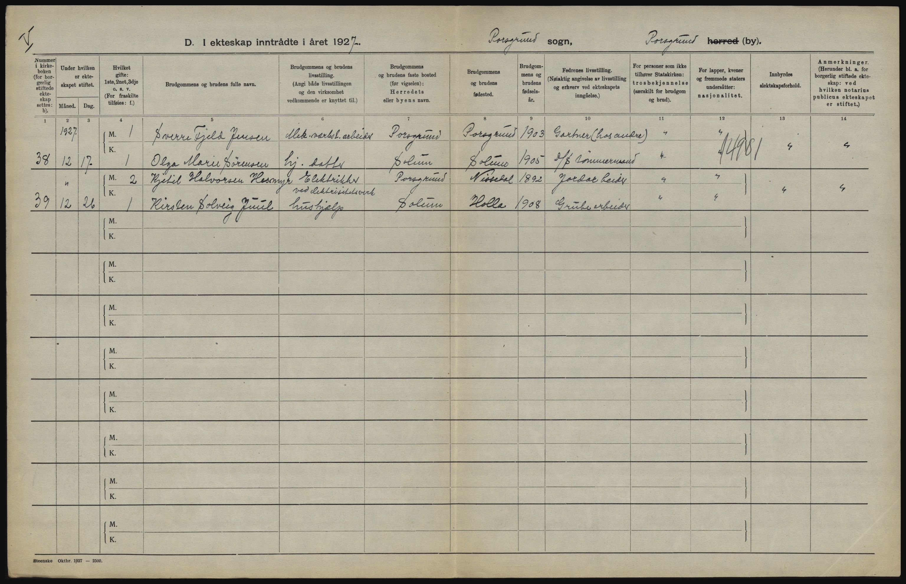 Statistisk sentralbyrå, Sosiodemografiske emner, Befolkning, RA/S-2228/D/Df/Dfc/Dfcg/L0020: Telemark fylke: Gifte, døde. Bygder og byer., 1927, p. 40