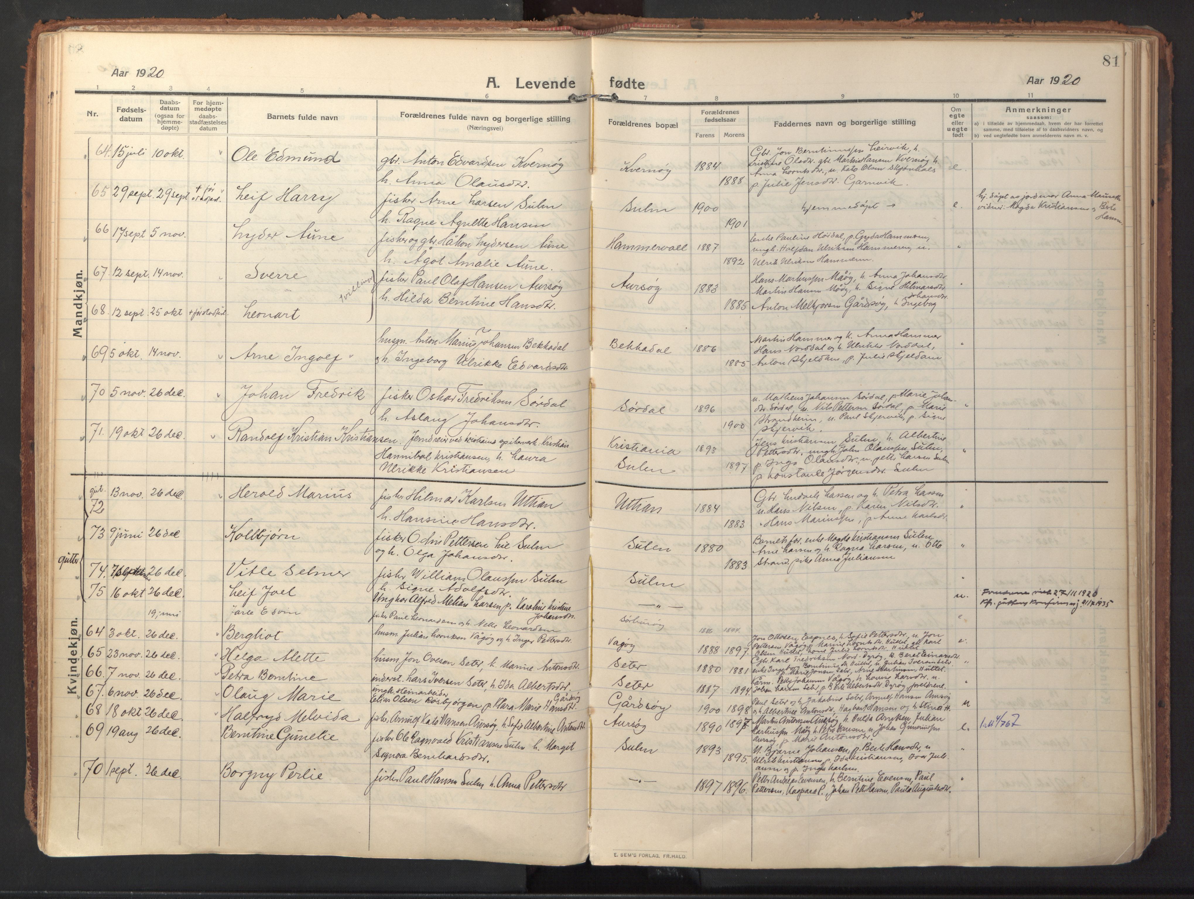 Ministerialprotokoller, klokkerbøker og fødselsregistre - Sør-Trøndelag, SAT/A-1456/640/L0581: Parish register (official) no. 640A06, 1910-1924, p. 81