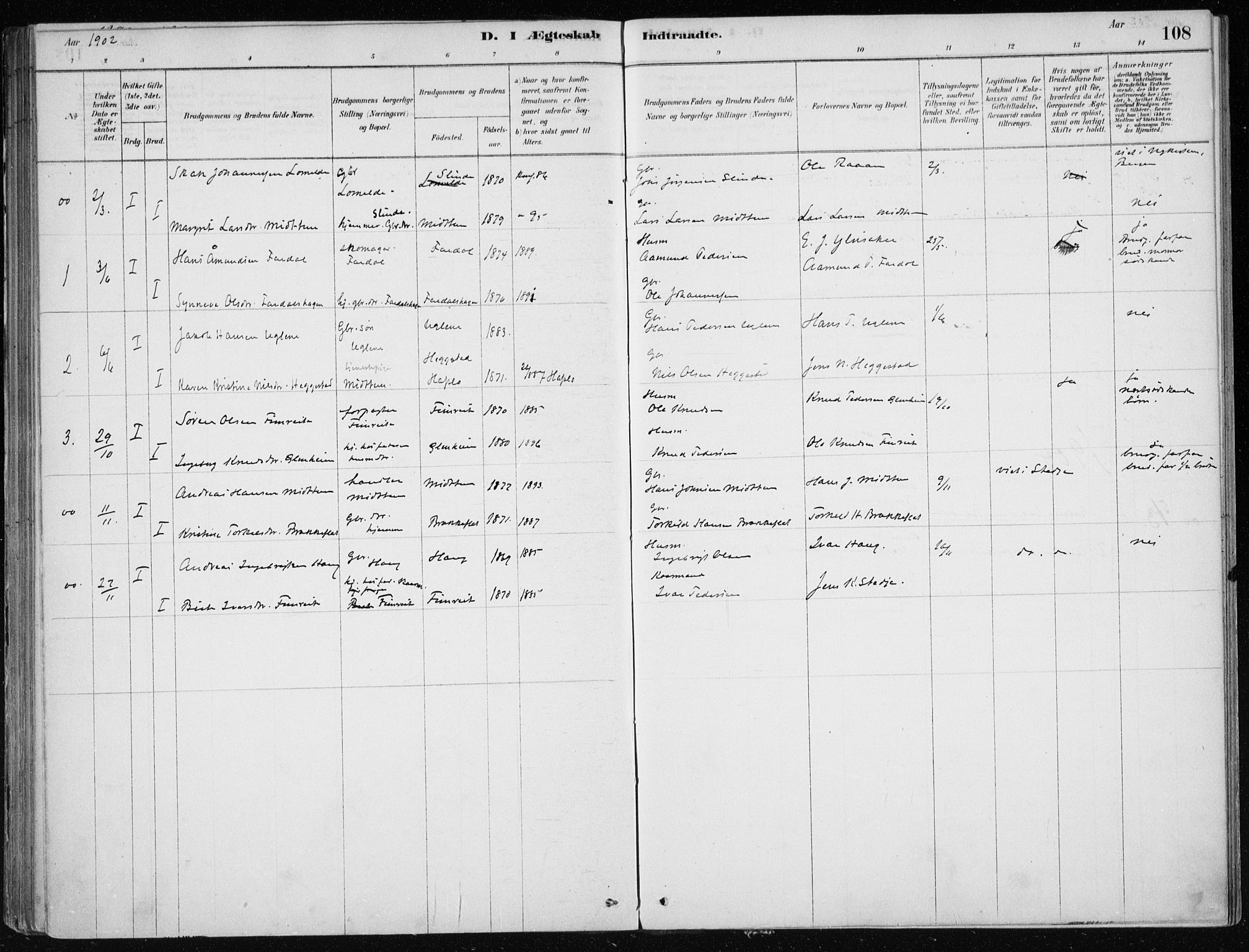 Sogndal sokneprestembete, AV/SAB-A-81301/H/Haa/Haac/L0001: Parish register (official) no. C 1, 1878-1907, p. 108