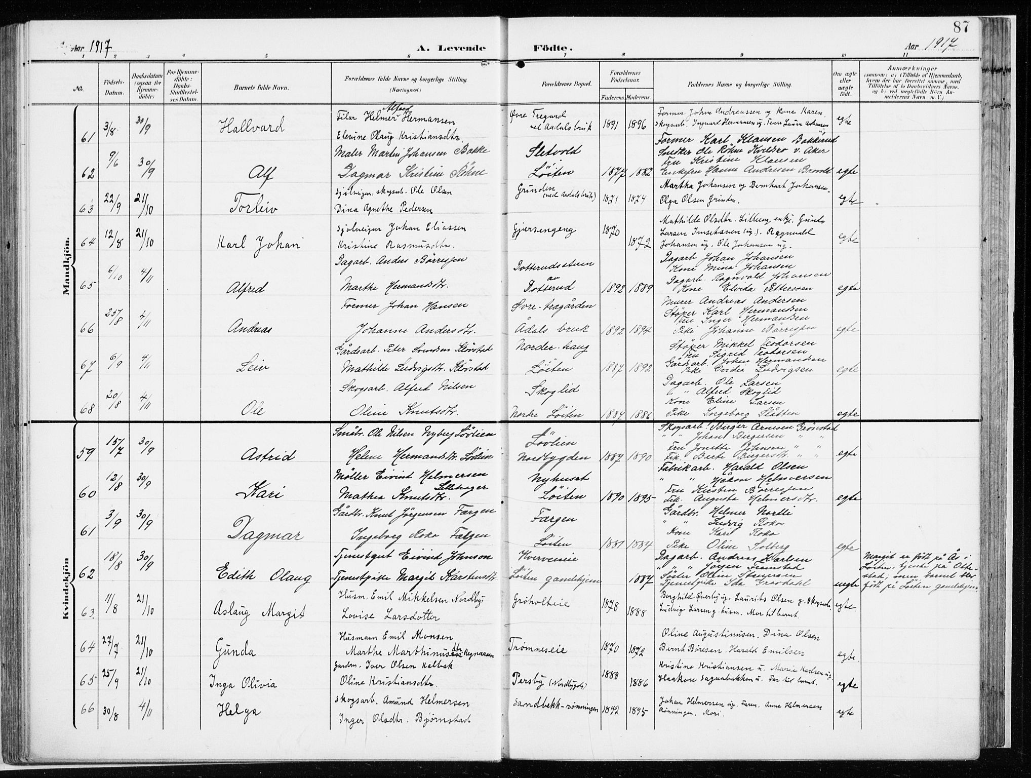 Løten prestekontor, AV/SAH-PREST-022/K/Ka/L0011: Parish register (official) no. 11, 1908-1917, p. 87