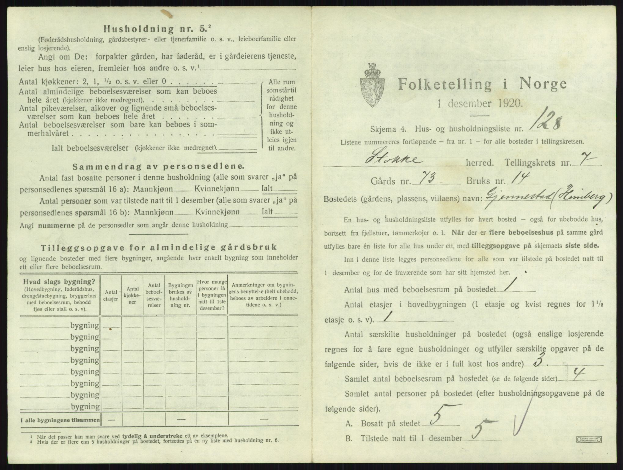 SAKO, 1920 census for Stokke, 1920, p. 1455