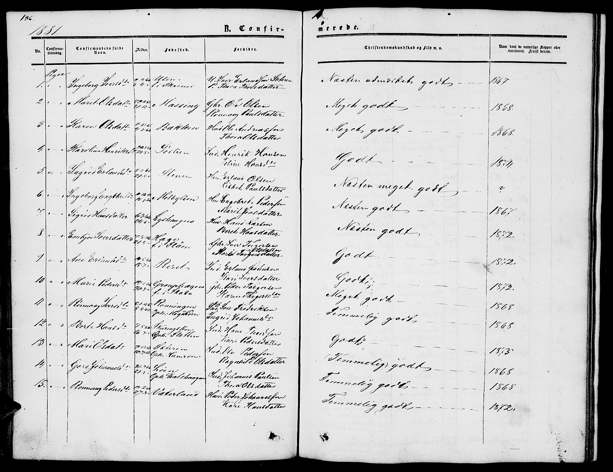 Nord-Fron prestekontor, SAH/PREST-080/H/Ha/Hab/L0002: Parish register (copy) no. 2, 1851-1883, p. 186