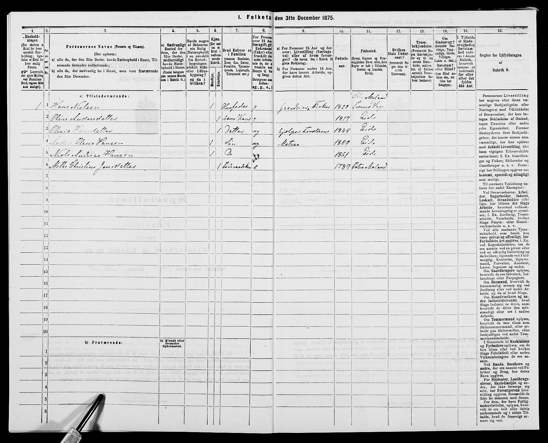 SAK, 1875 census for 0924P Homedal, 1875, p. 135