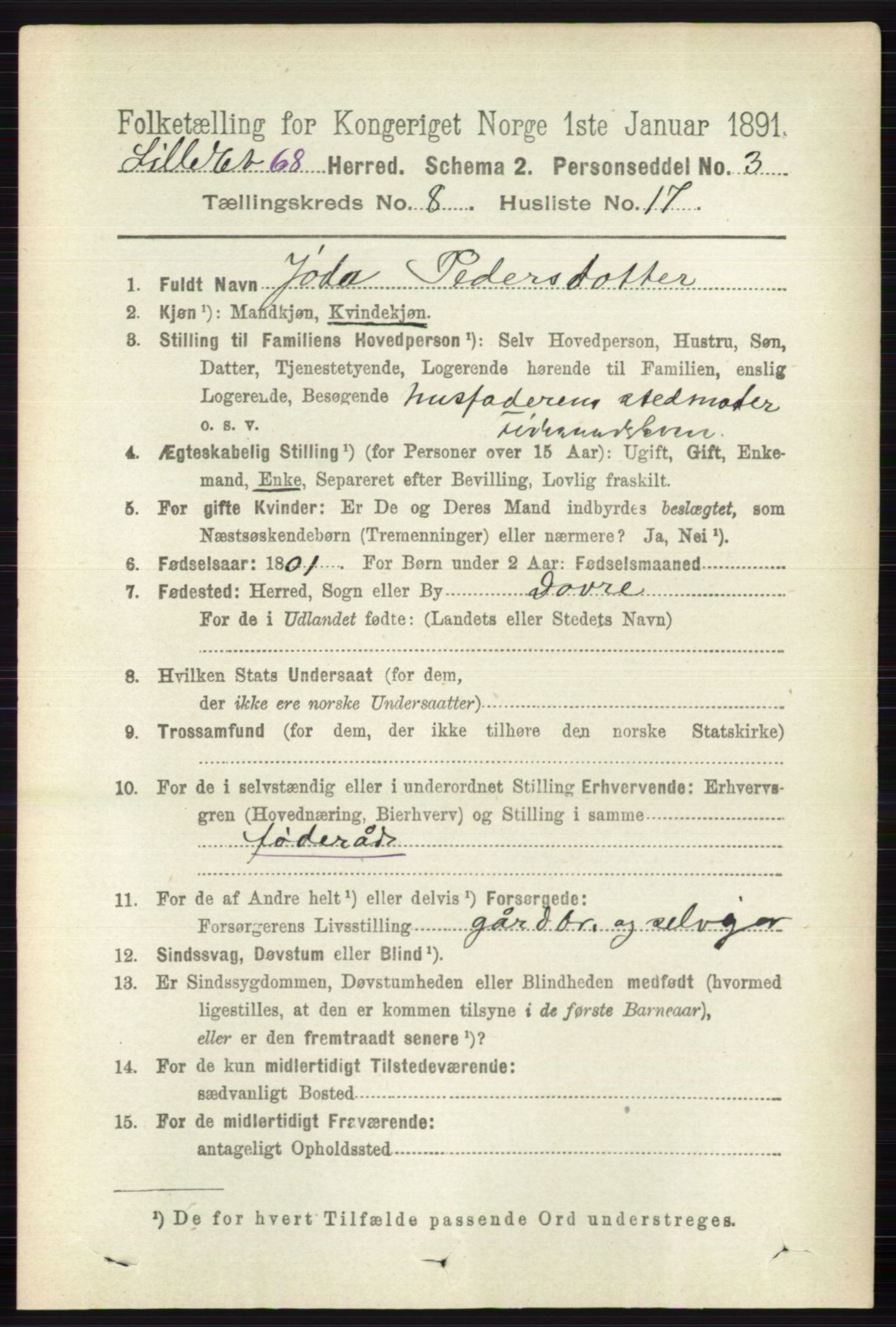 RA, 1891 census for 0438 Lille Elvedalen, 1891, p. 2578