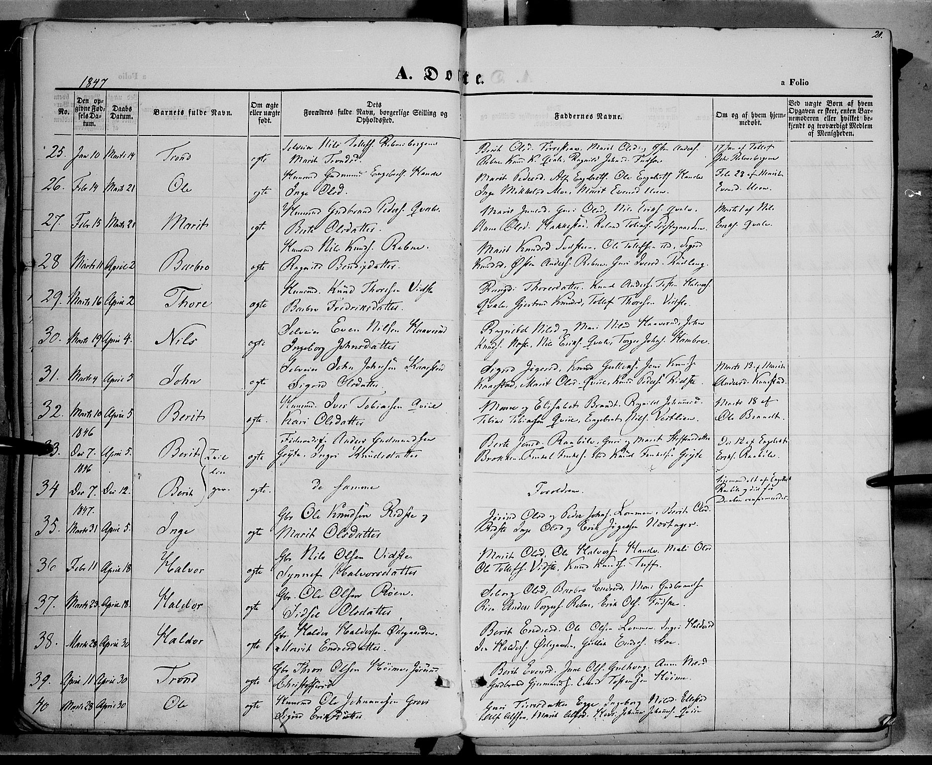 Vestre Slidre prestekontor, SAH/PREST-136/H/Ha/Haa/L0001: Parish register (official) no. 1, 1844-1855, p. 21