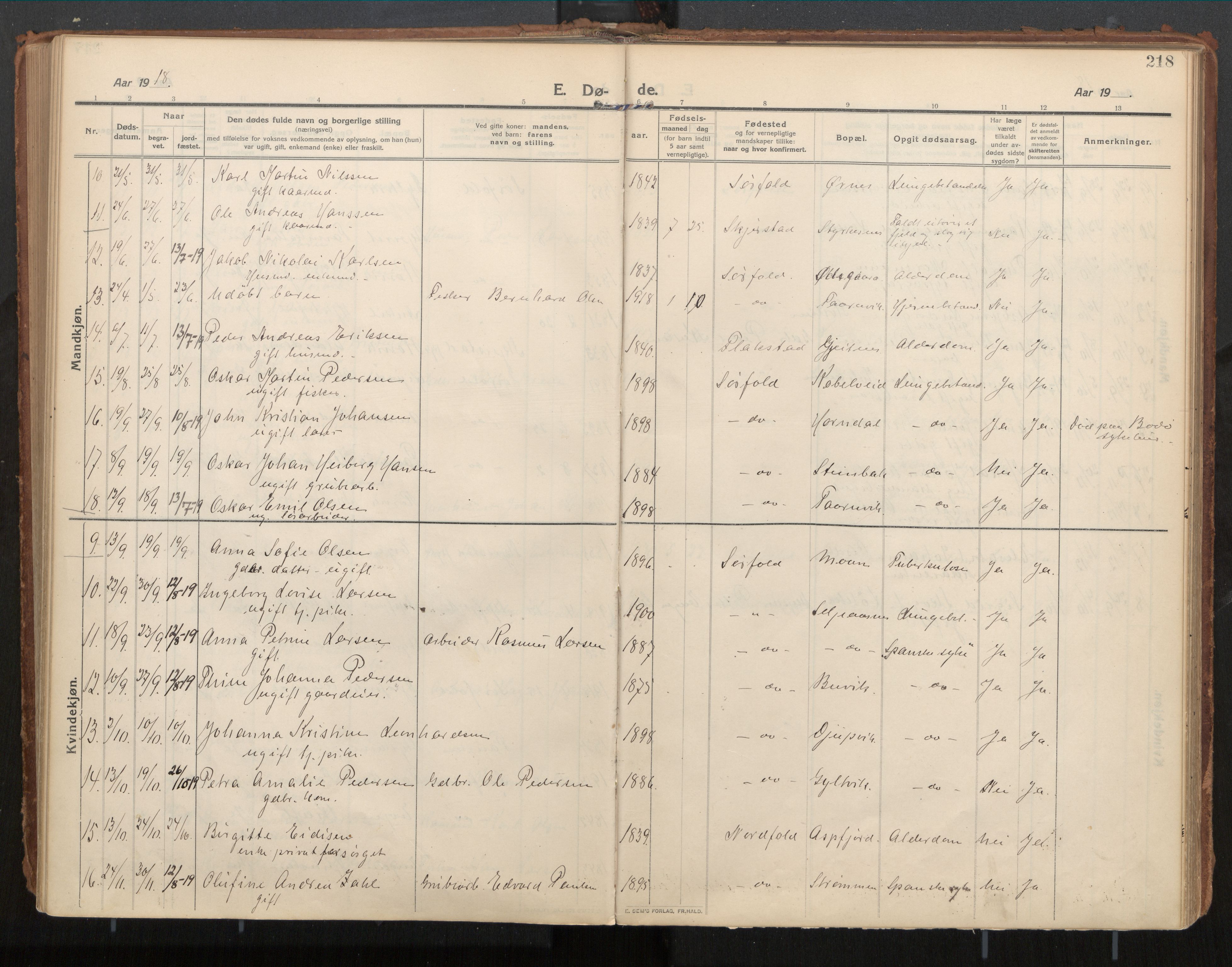 Ministerialprotokoller, klokkerbøker og fødselsregistre - Nordland, SAT/A-1459/854/L0784: Parish register (official) no. 854A07, 1910-1922, p. 218