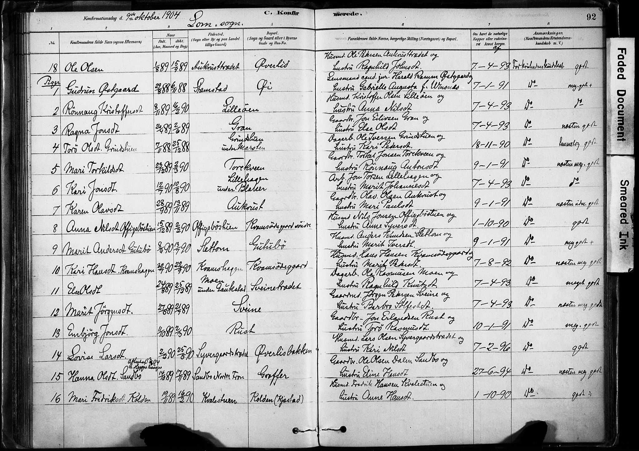 Lom prestekontor, SAH/PREST-070/K/L0009: Parish register (official) no. 9, 1878-1907, p. 92