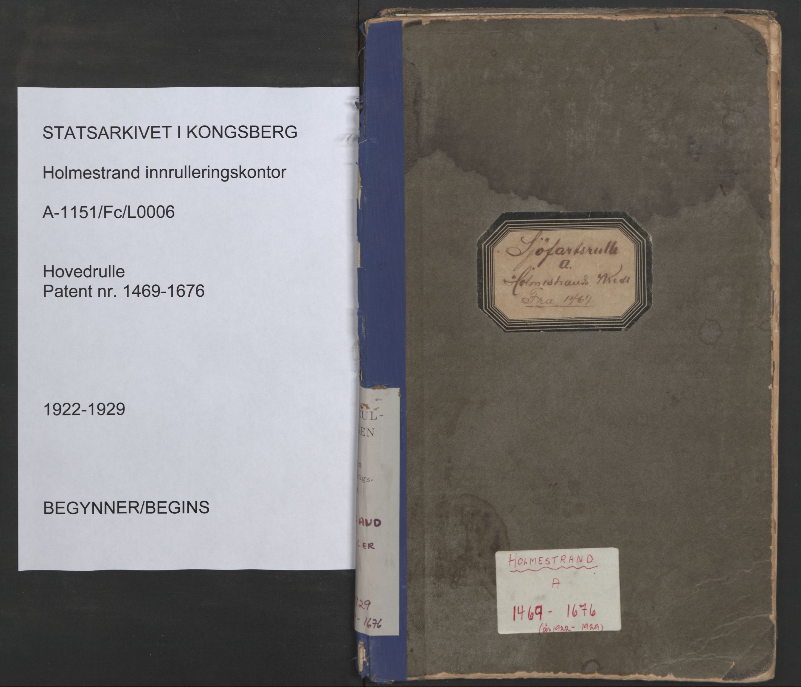 Holmestrand innrulleringskontor, SAKO/A-1151/F/Fc/L0006: Hovedrulle, 1922-1929, p. 1