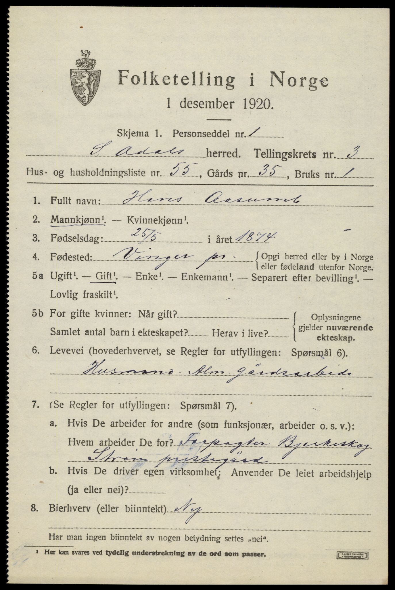 SAH, 1920 census for Sør-Odal, 1920, p. 4877