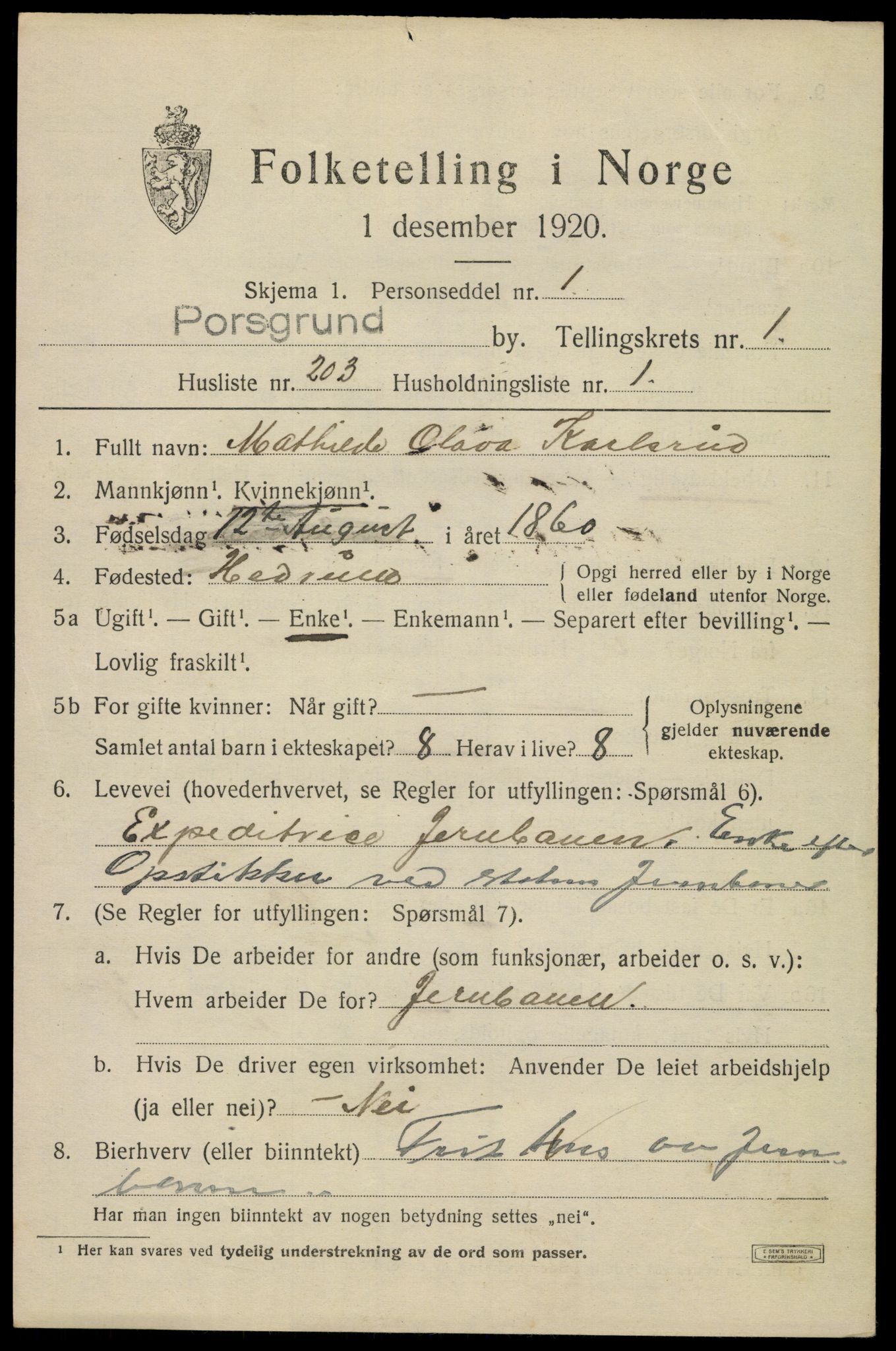 SAKO, 1920 census for Porsgrunn, 1920, p. 9441