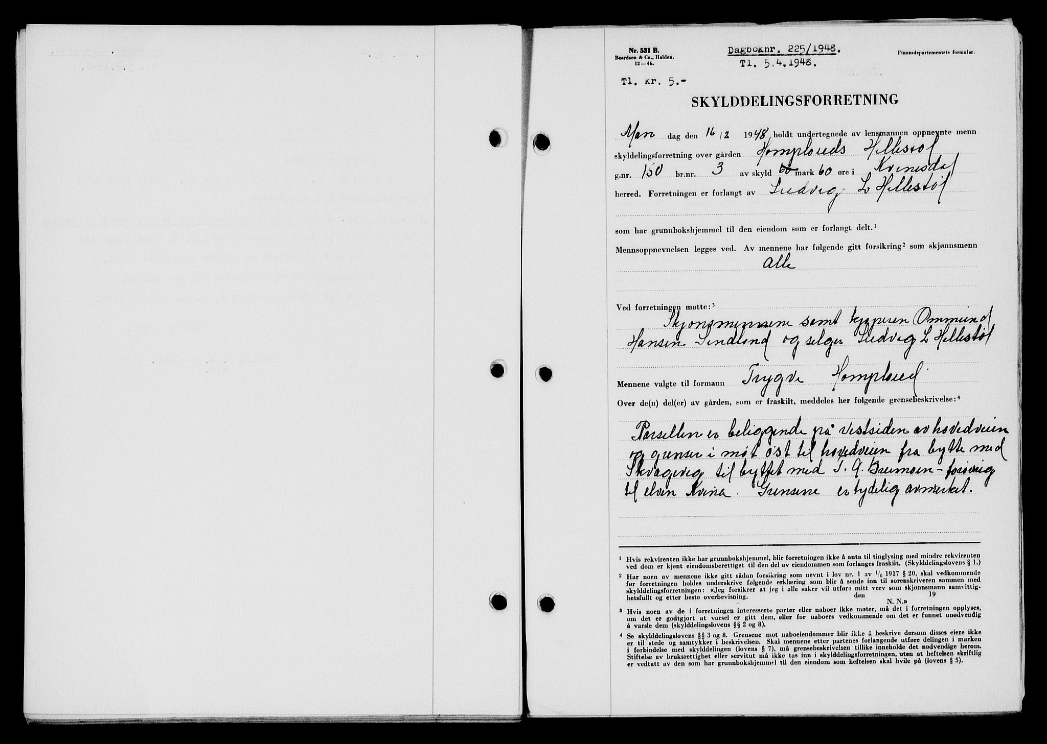 Flekkefjord sorenskriveri, SAK/1221-0001/G/Gb/Gba/L0063: Mortgage book no. A-11, 1947-1948, Diary no: : 225/1948