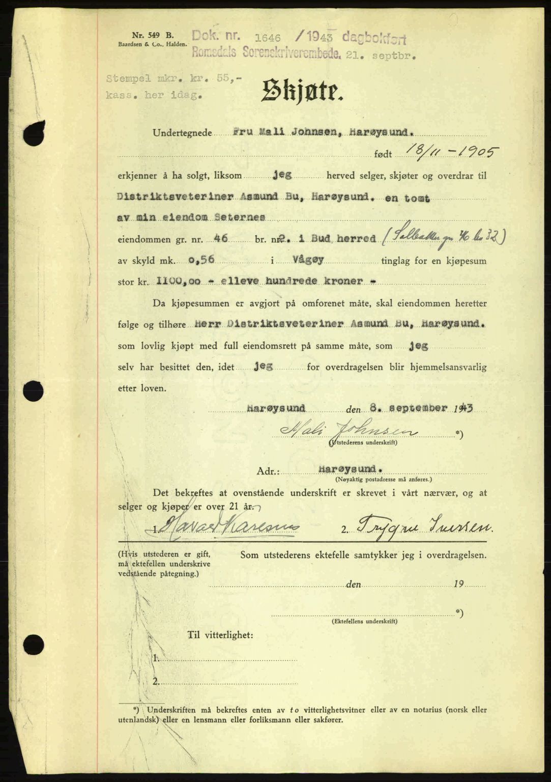 Romsdal sorenskriveri, AV/SAT-A-4149/1/2/2C: Mortgage book no. A14, 1943-1943, Diary no: : 1646/1943