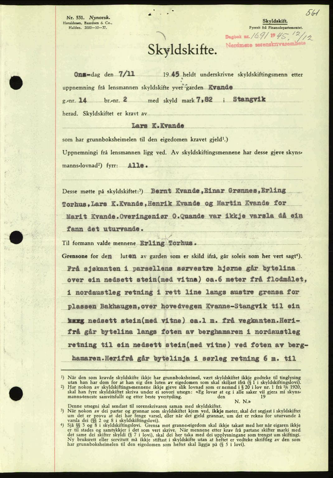 Nordmøre sorenskriveri, AV/SAT-A-4132/1/2/2Ca: Mortgage book no. A100a, 1945-1945, Diary no: : 1691/1945