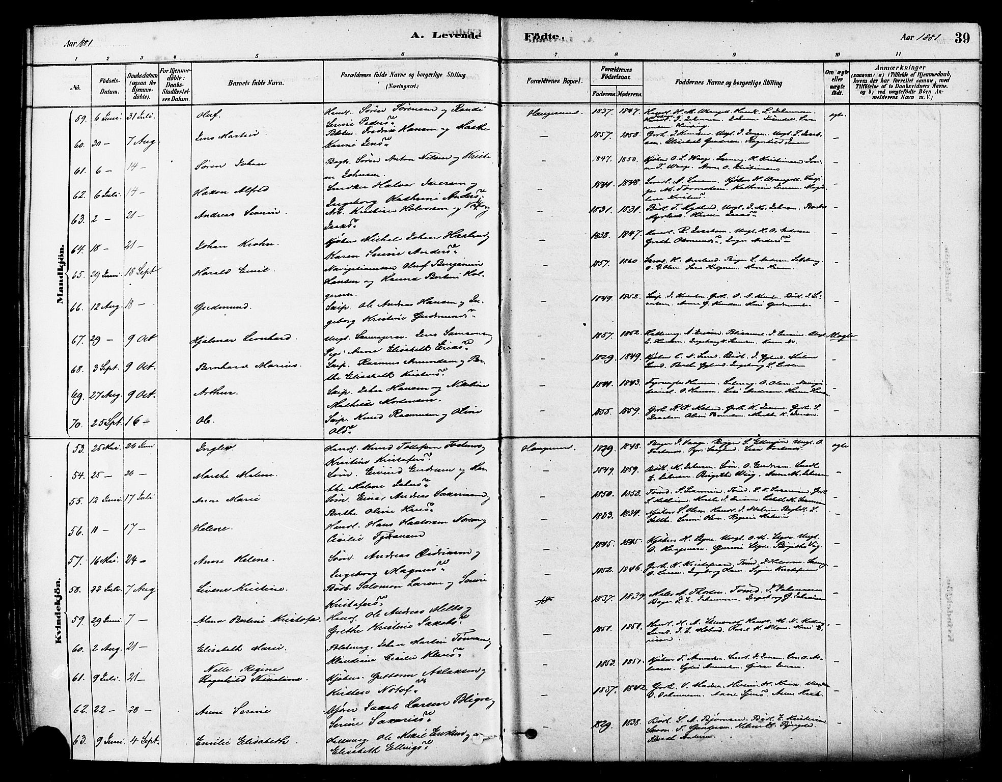 Haugesund sokneprestkontor, AV/SAST-A -101863/H/Ha/Haa/L0001: Parish register (official) no. A 1, 1878-1885, p. 39