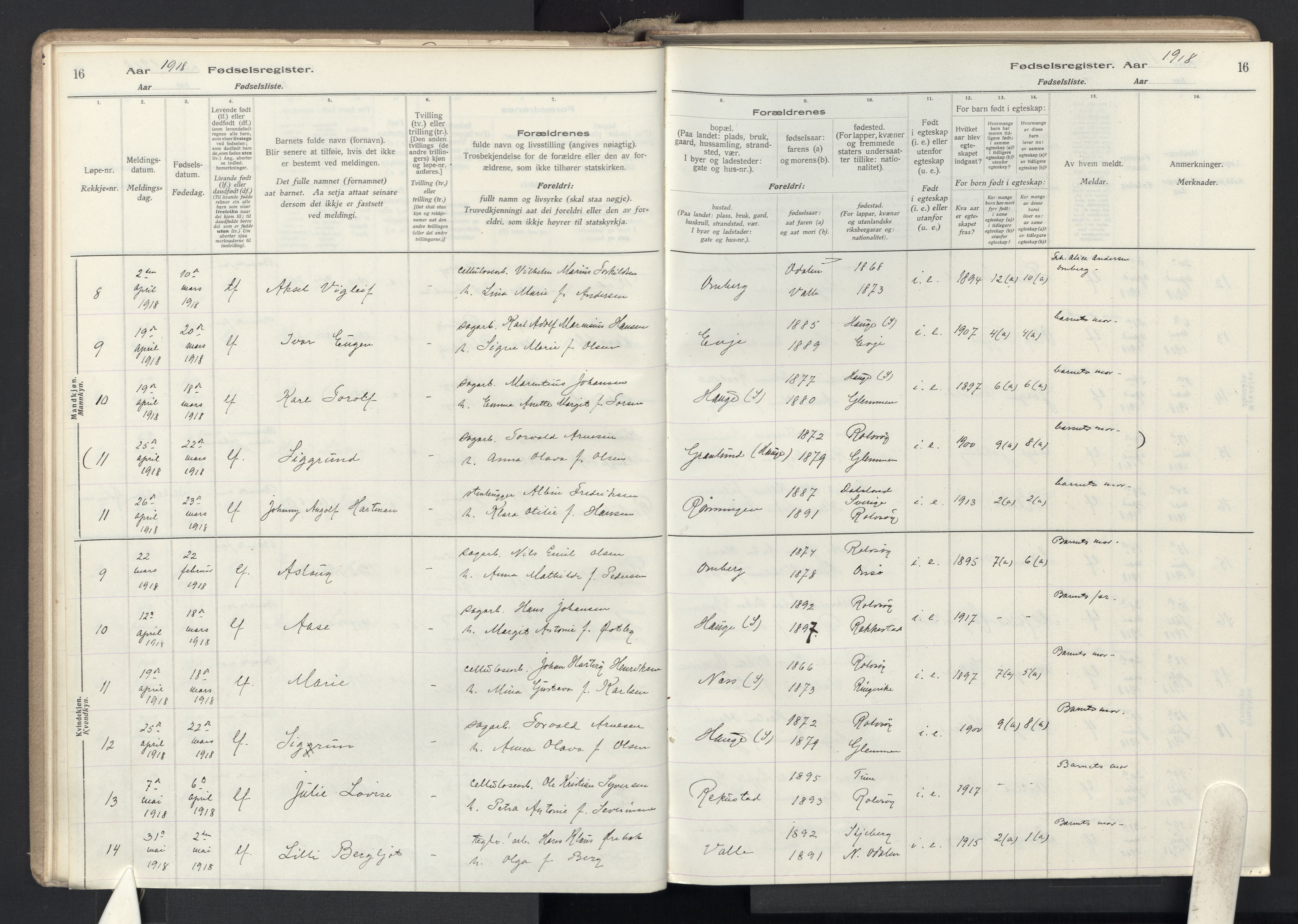 Rolvsøy prestekontor Kirkebøker, AV/SAO-A-2004/J/Ja/L0001: Birth register no. 1, 1916-1946, p. 16