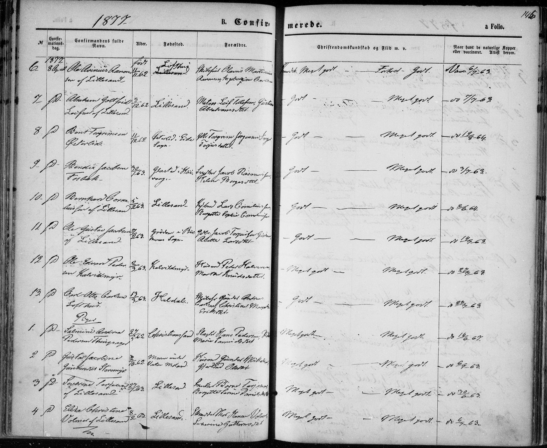 Vestre Moland sokneprestkontor, AV/SAK-1111-0046/F/Fa/Fab/L0008: Parish register (official) no. A 8, 1873-1883, p. 146