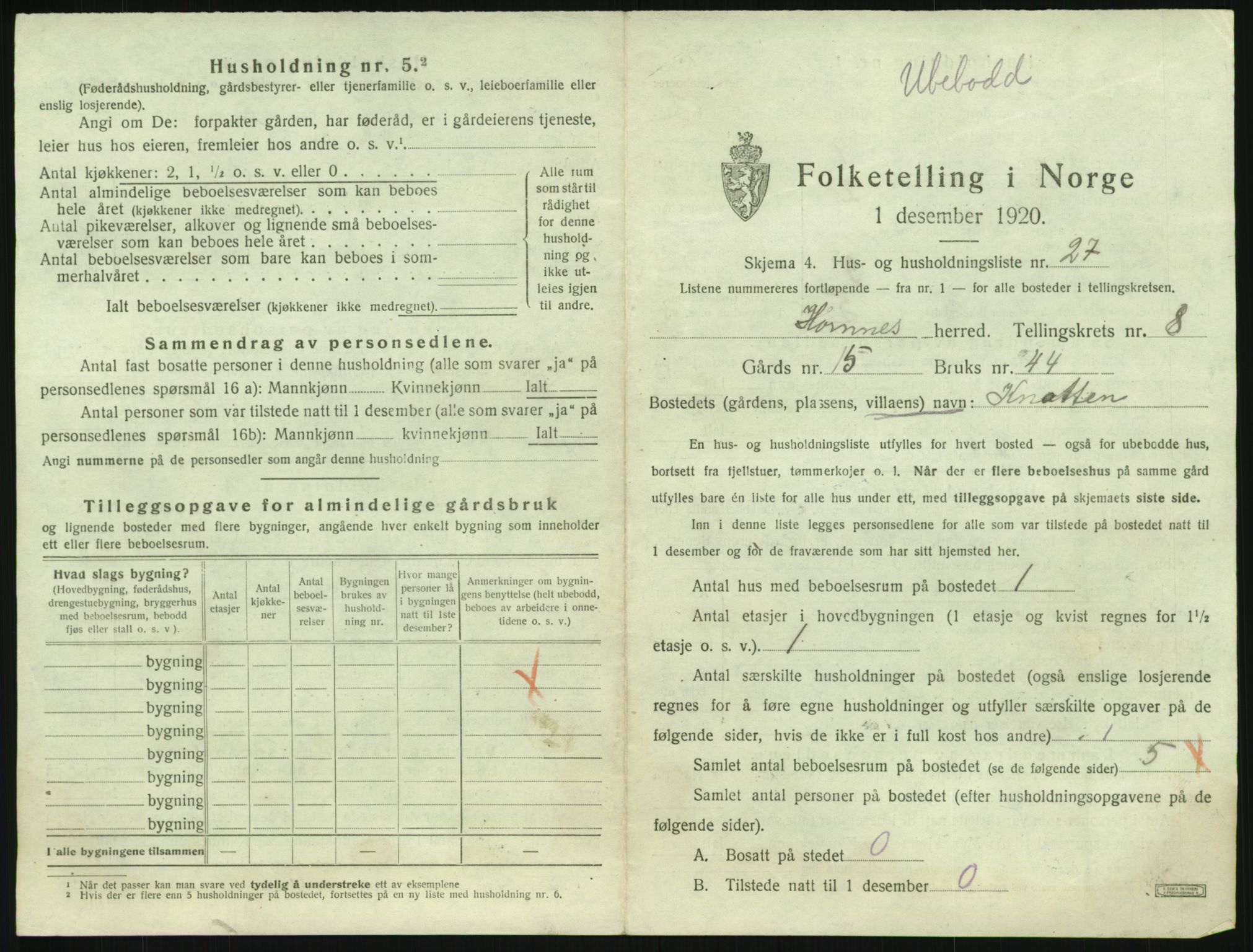 SAK, 1920 census for Hornnes, 1920, p. 347