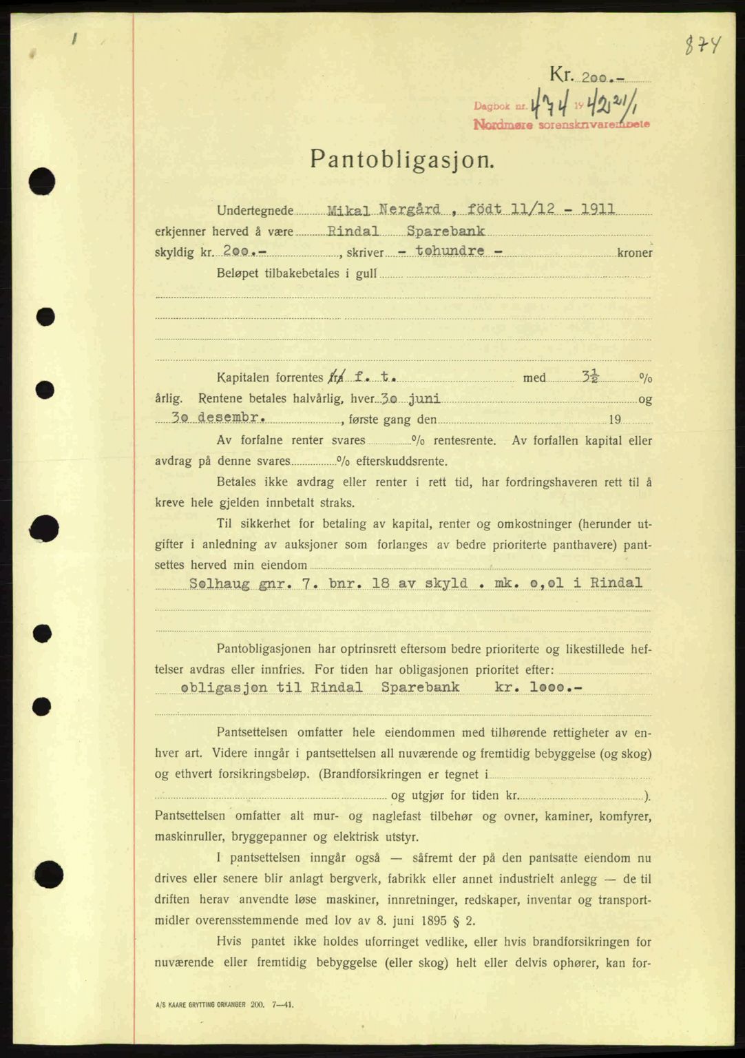 Nordmøre sorenskriveri, AV/SAT-A-4132/1/2/2Ca: Mortgage book no. B88, 1941-1942, Diary no: : 474/1942